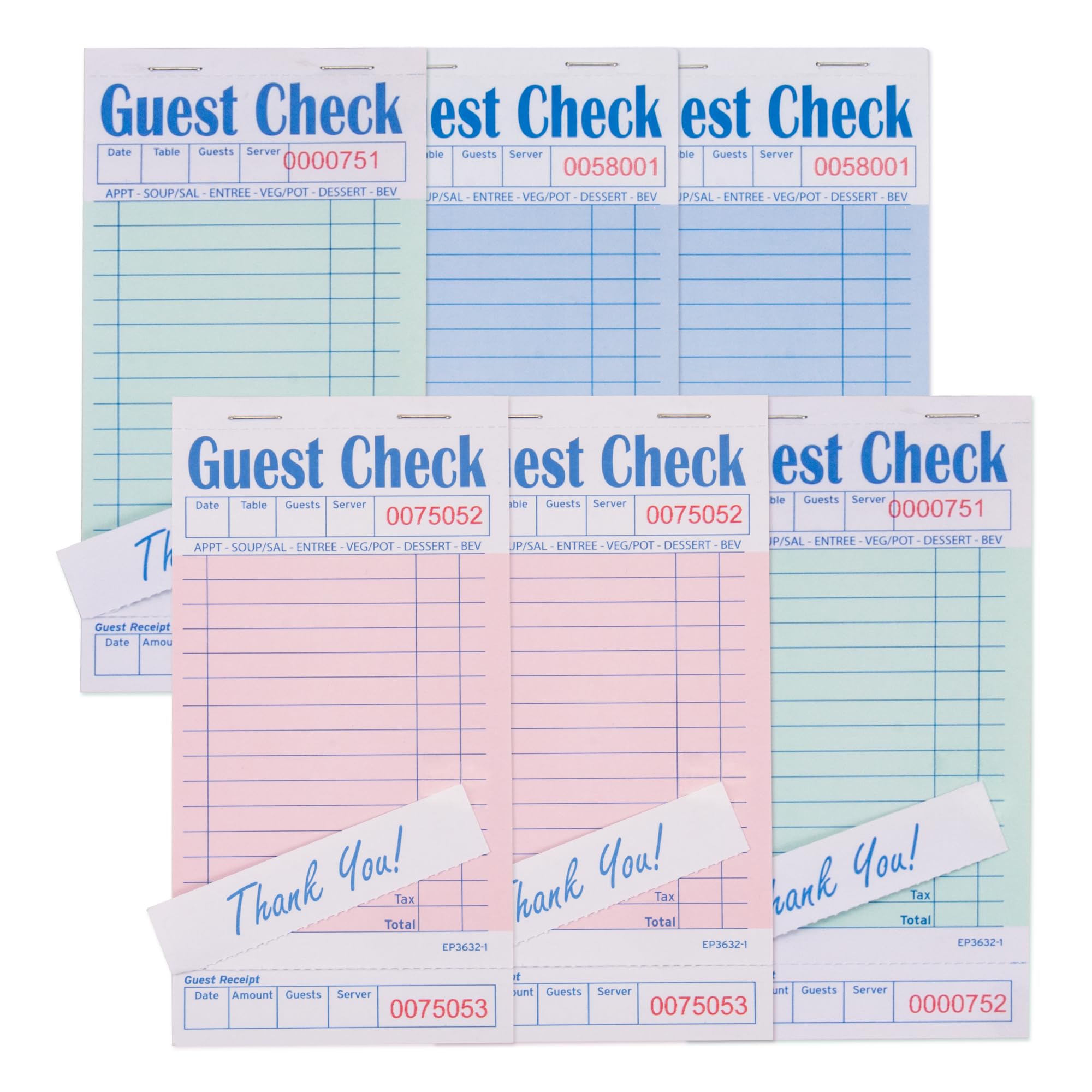 DGBDPACK Guest Checks Notizblöcke, 6 Stück, 300 Blatt, dickes Papier, 3 verschiedene Farben, 8,9 x 17,5 cm (EP-3632-1)