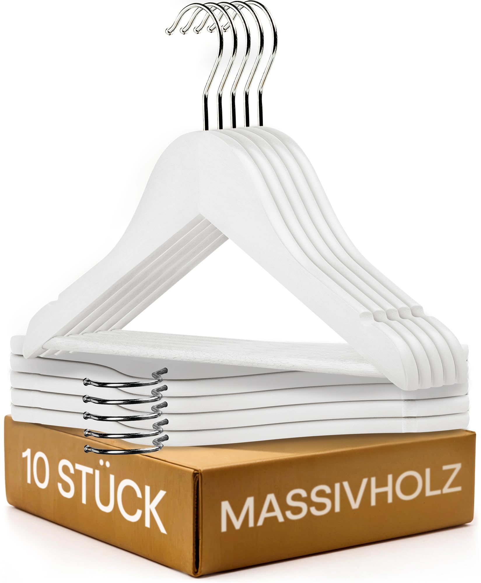 Praknu Kinderkleiderbügel Holz Weiß - 10 stück - 360° Drehbar & rutschfest mit Hosensteg - Natur FSC® Buchenholz Massiv