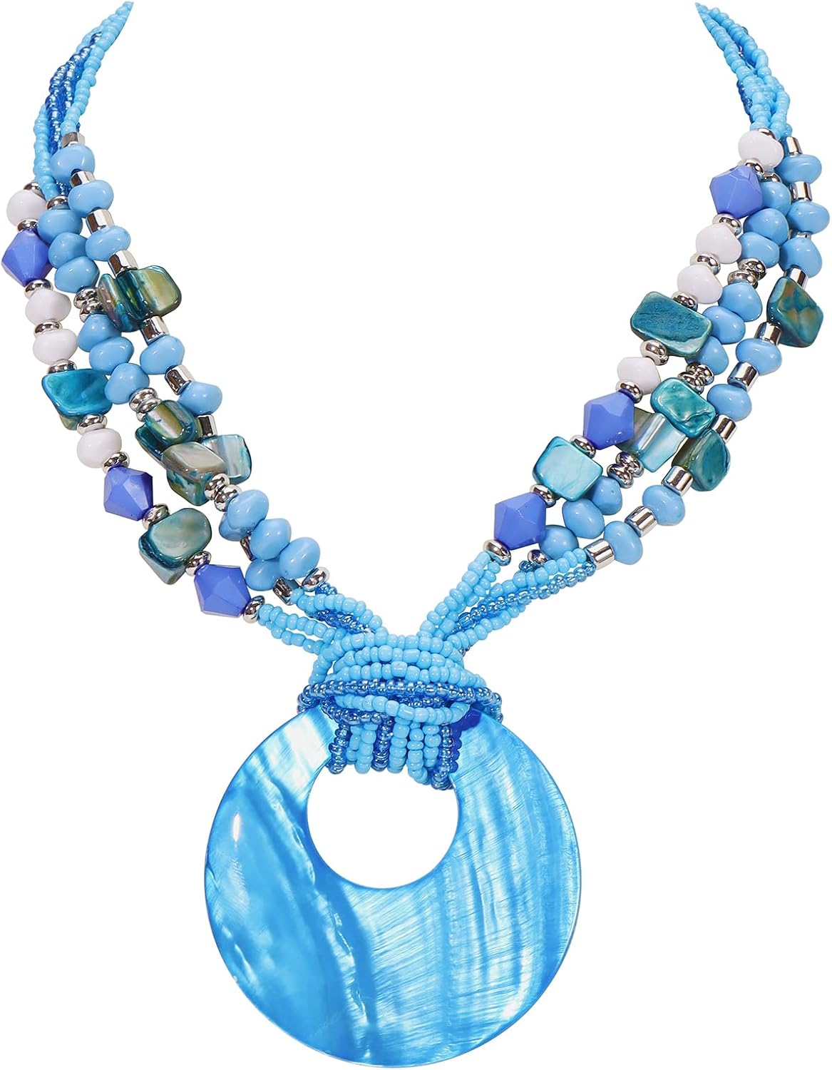 Coiris Shell Pendant Statement Strand Necklace for Women Boho Multi Beads Natural Stone Colorful Necklace Bohemian Handmade Chunky Shell Beaded Collar Jewelry for Women