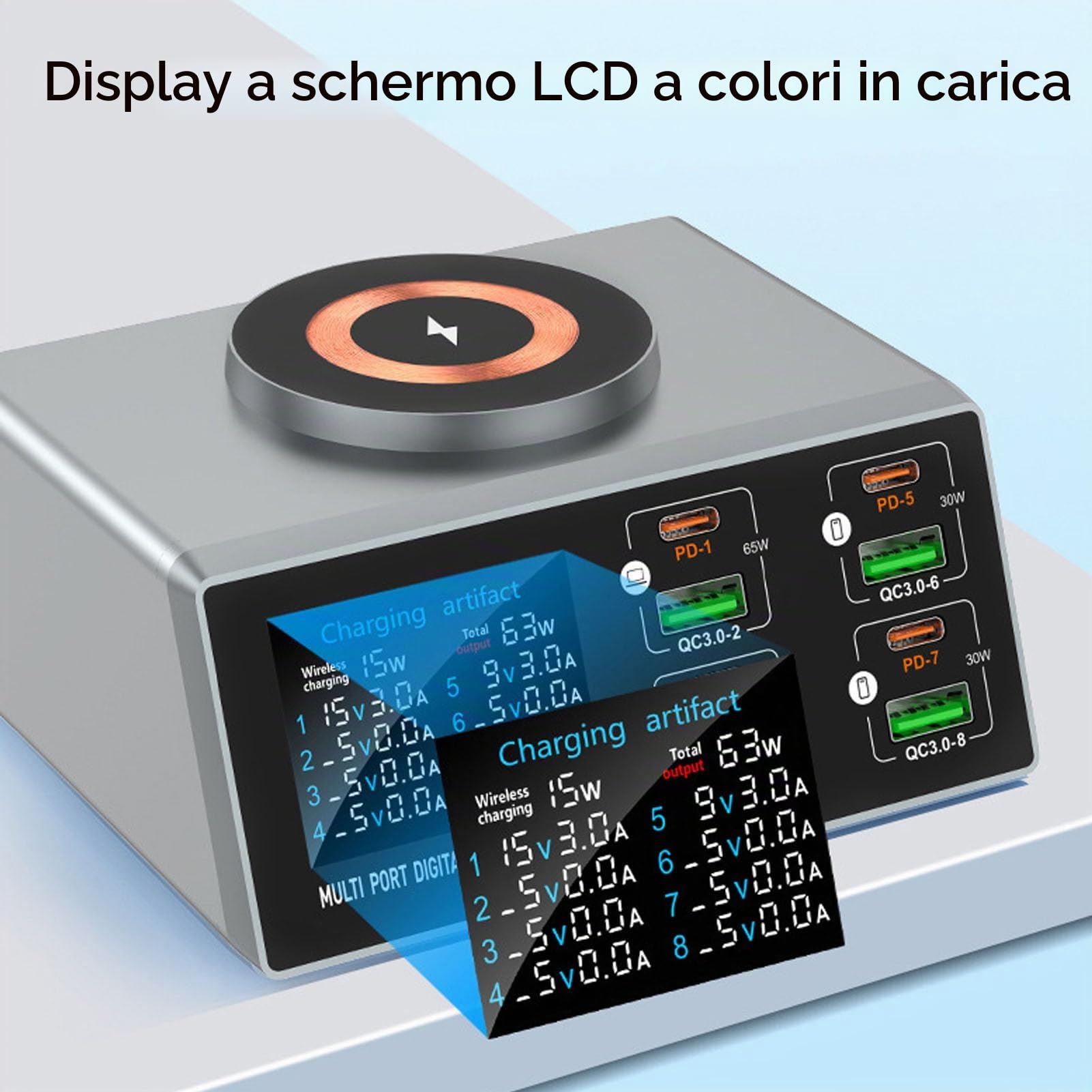 Stazione di Ricarica, Caricabatterie Tavolo 140W con Display LCD, Multiporta con PD da 65W, QC3.0, Ricarica Wireless Magnetica 15W, Supporta 9 (Spina europea)