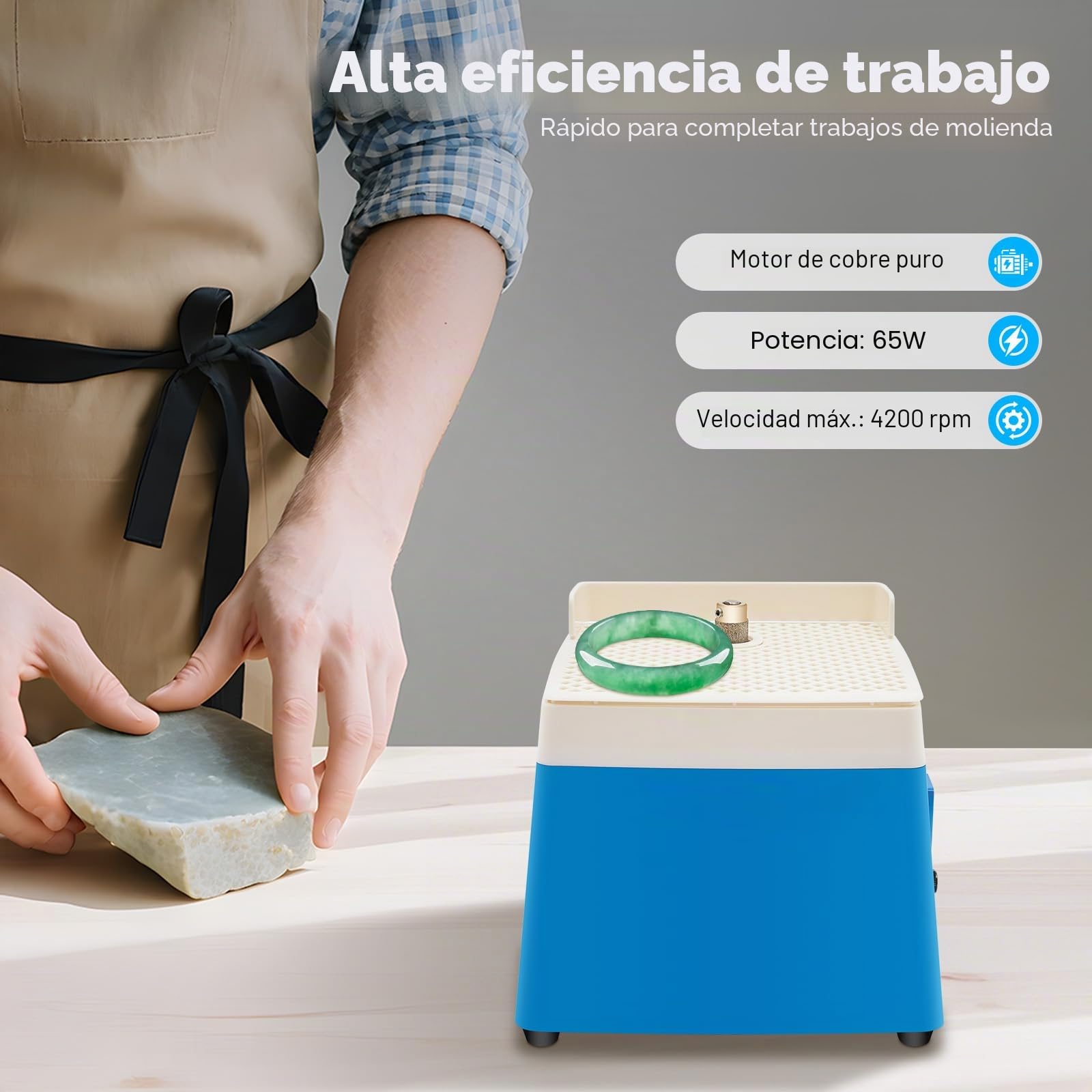 Amoladora eléctrica de vidrio de 65 W, 4200 rpm, con refrigeración por agua e interruptor de seguridad, dispositivo de mesa para lijar vidrio/cerámica/jade/piedra, enchufe UE 220 V, azul