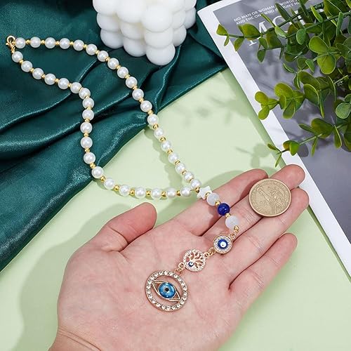 Miniatura 3 de MAYJOYDIY Adorno colgante de auto con perlas de ojo malvado, dije de espejo retrovisor con cuentas de perlas de 13.2 pulgadas, dije de buena suerte