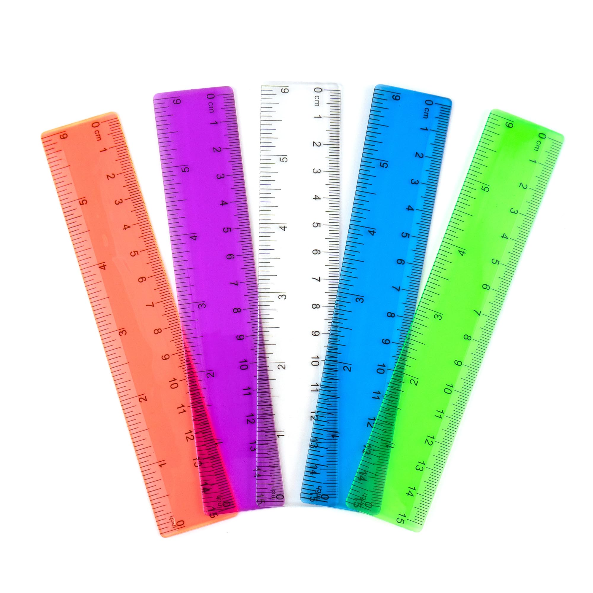 Cretty-Meet 5 PCS 15 cm / 6 Inch Clear Plastic Colorful Rulers See Through with Inches and Centimeters Lightweight Small Ruler School and Office