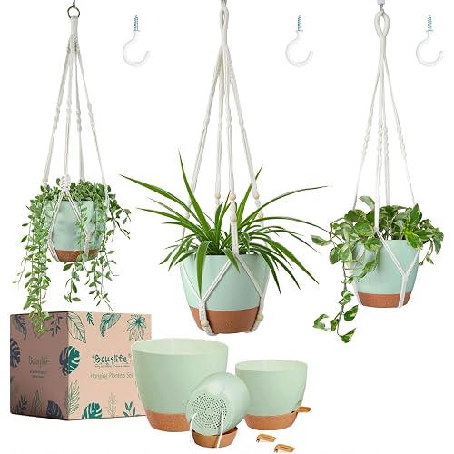Bouqlife Larege Hanging Planters with Macrame Plant Hangers for Indoor Outdoor Plants 3 Set 10" / 8" / 7" Self Watering Pots Hanging Baskets Flower Pot Holders 3 Different Size Green Large
