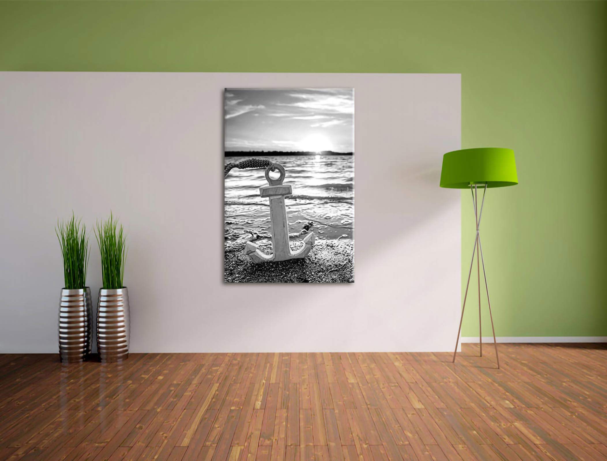 Pixxprint Anker am Ostseestrand im Sonnenuntergang, Monochrome, Größe: 120x80cm, Leinwandbild, fertig gespannt, Wandbild, Dekoration, Kunstdruck, kein Poster
