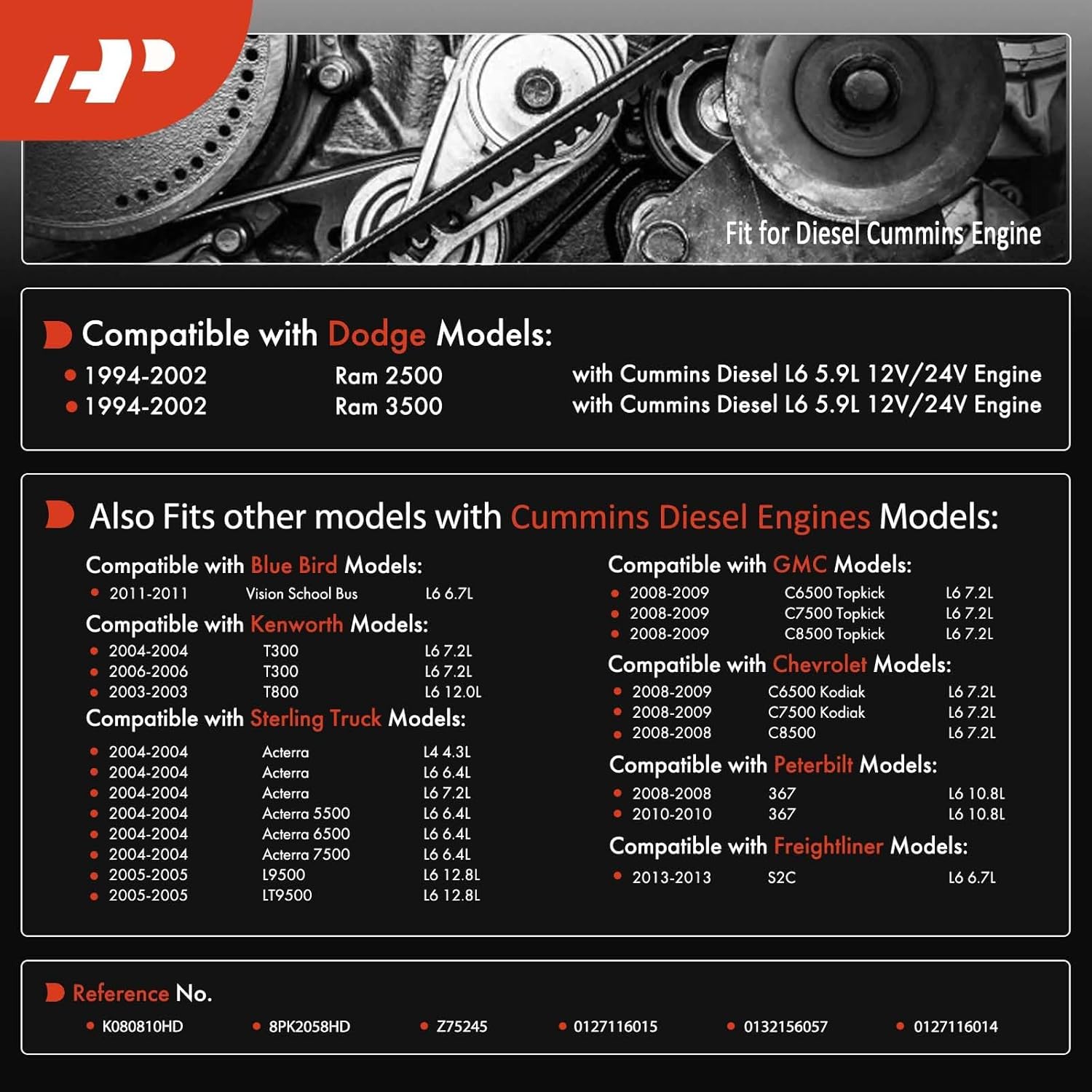 A-Premium 81.04 Inch Heavy-Duty Serpentine Belt Compatible with 1994-2002 Dodge Ram 2500 3500 with Cummins Diesel 5.9L 12V/24V, Engine Serpentine Drive Belt, Replace 8PK2058HD