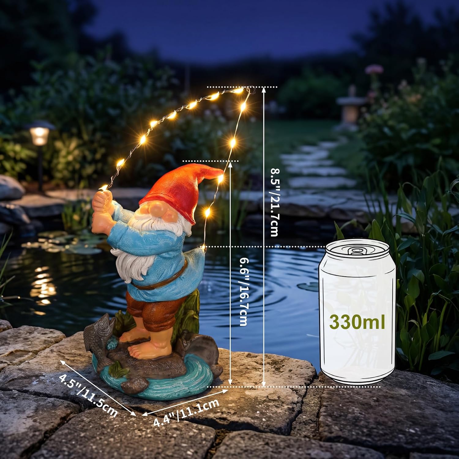 EXYGLO Solar Gnome Garden Statue Decor, 8.5" Fishing Gnome Outdoor Funny Decoration for Lawn, Patio, Yard, and Unique Housewarming, Birthday Ornament Gift for Mother, Friend, Family