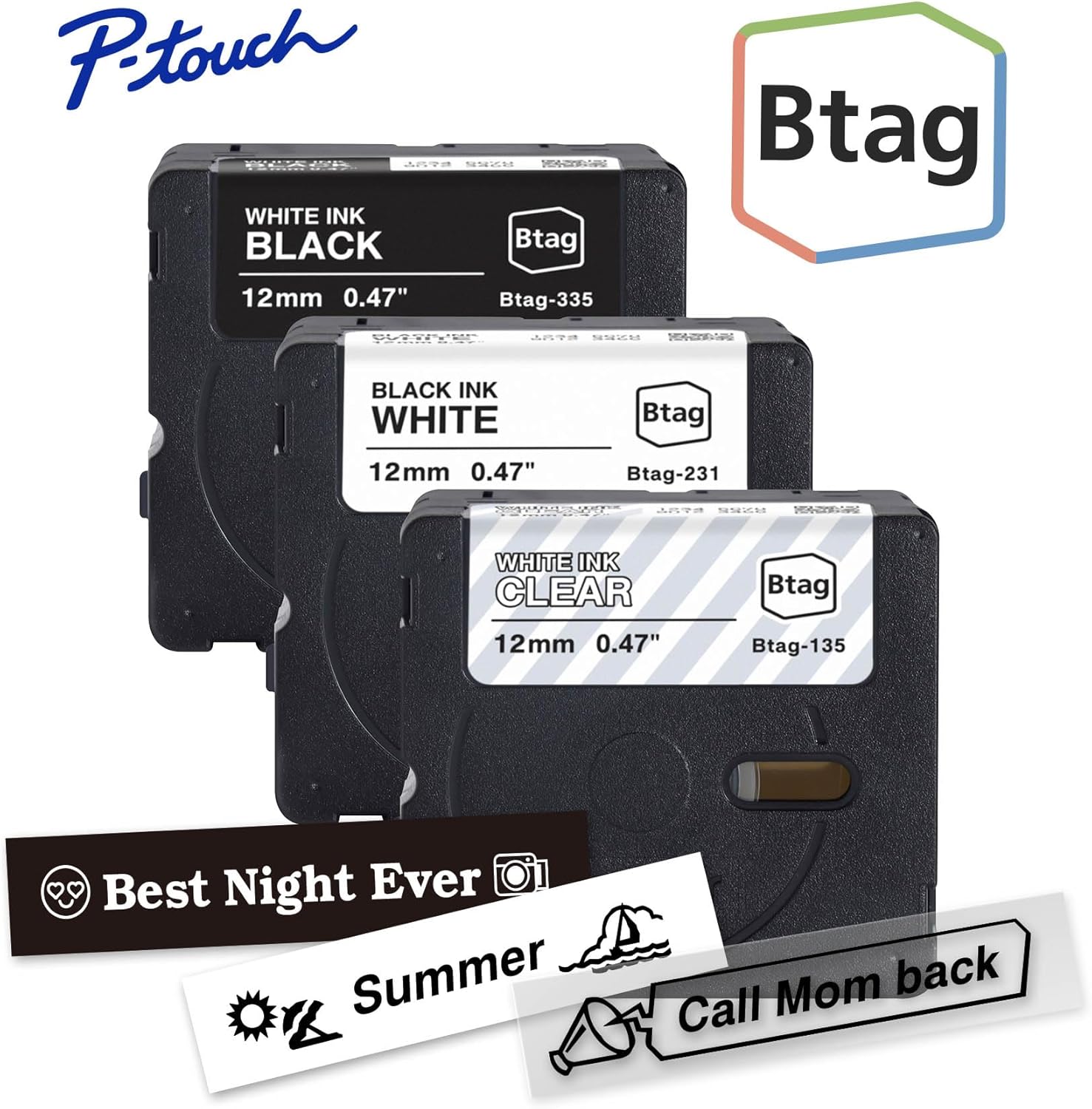 Brother Genuine P-Touch Btag Label Tape, BTAG3M01, 0.47 in by 13.1 ft, White on Clear, Black on White, White on Black, 3-Pack. (Works Only with Brother PT-N10, PT-N20, PT-N25BT Label Makers)