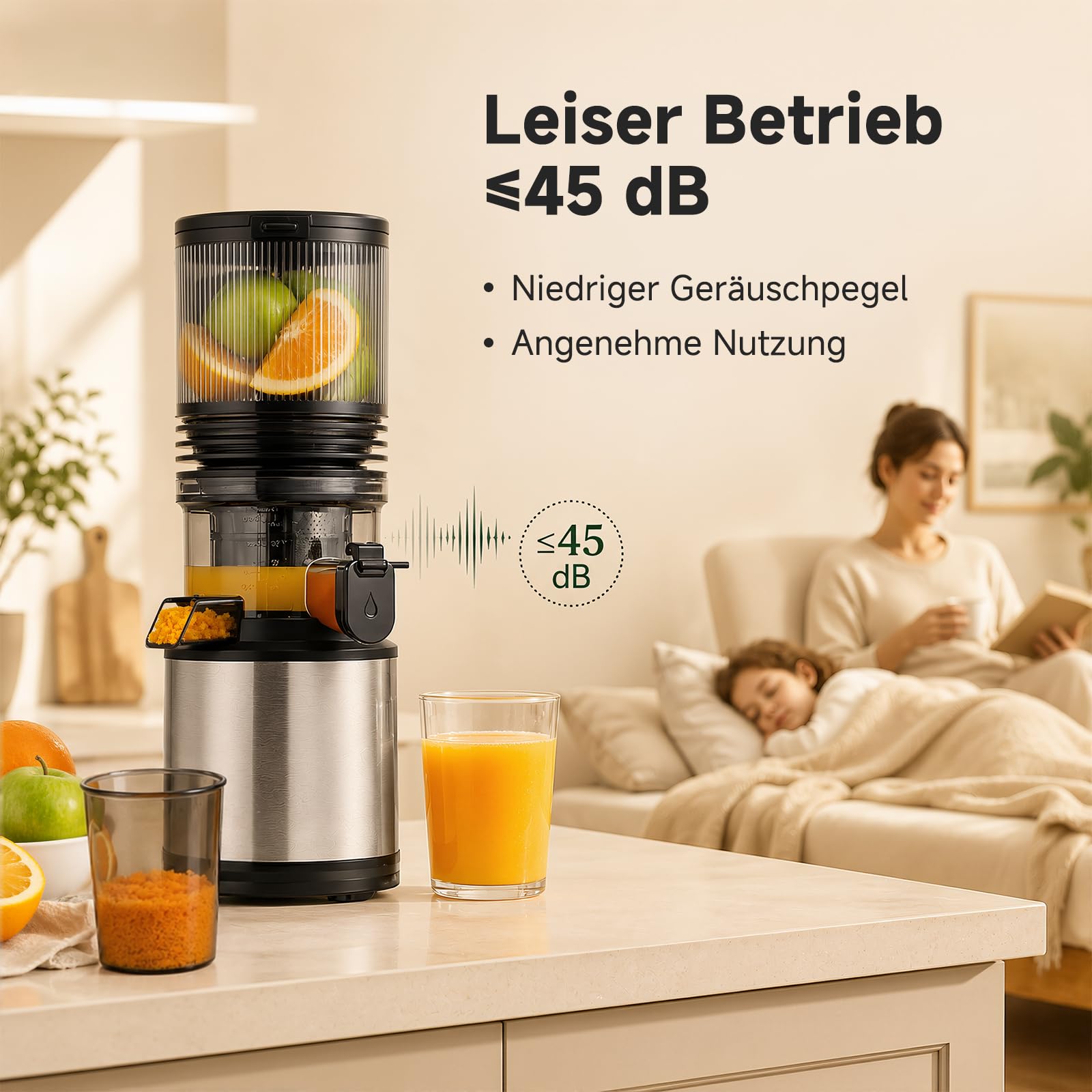 AMZCHEF Entsafter - Slow Juicer mit 158 mm großem Einfüllschacht für Ganze Gemüse und Obst, leicht zu reinigen, Kaltpress-Entsafter mit Saft- und Tresterbecher, hohe Saftausbeute, Silber/Schwarz