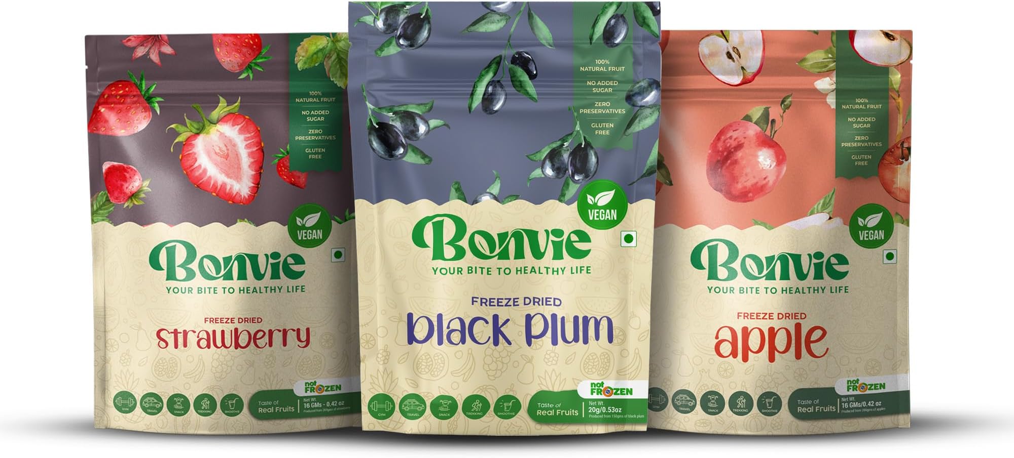 Bonvie freeze dried fruits crunchy healthy snacks for kids and adults | Gluten free 100% Natural, Vegan, No Preservatives, No Added Sugar (Strawberry-Apple-Jamun)
