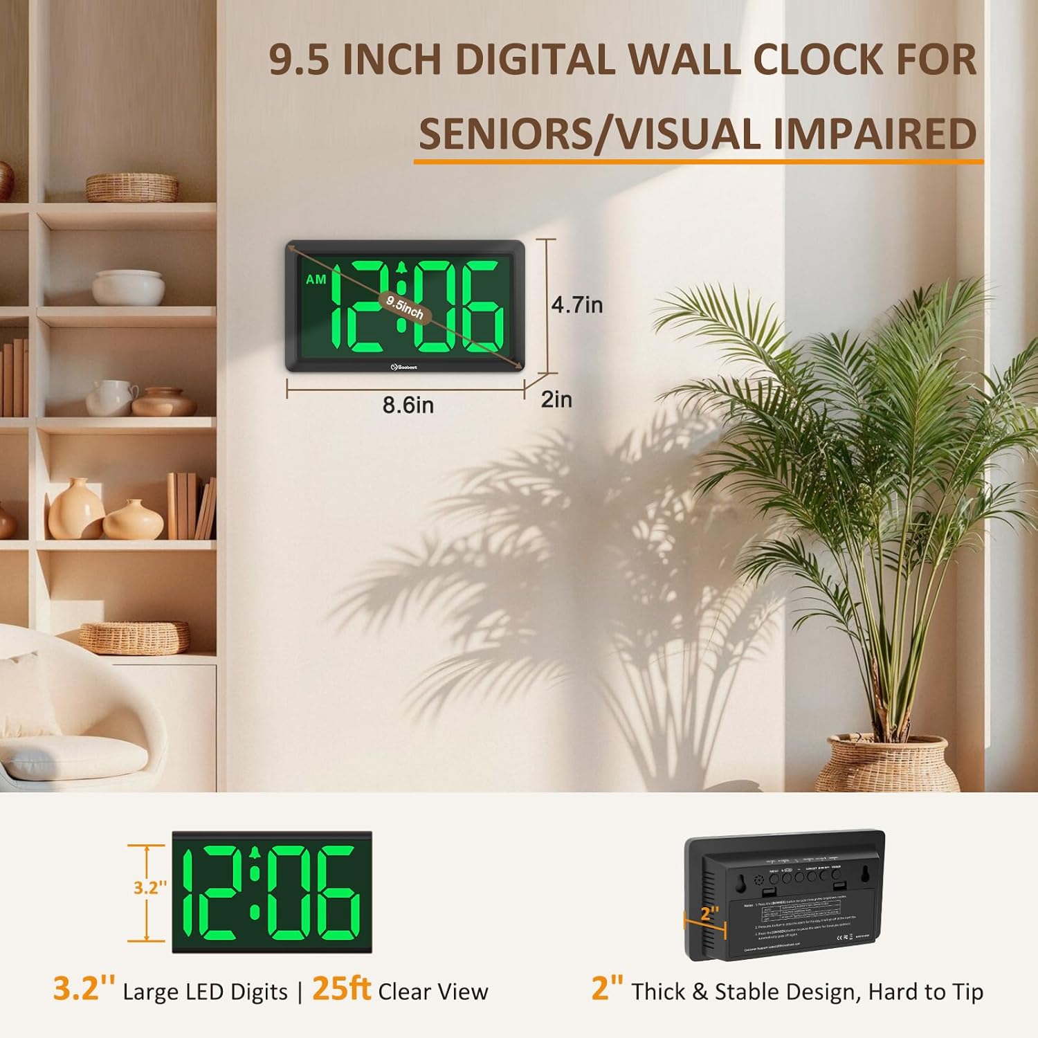 Soobest 9.5 Inch Large Digital Wall Clock Battery Operated, Auto & Manual Dimmer LED Display, Easy to Read Big Digits with Alarm for Seniors, Modern Decor for Living Room, Bedroom, Office Wall/Desk