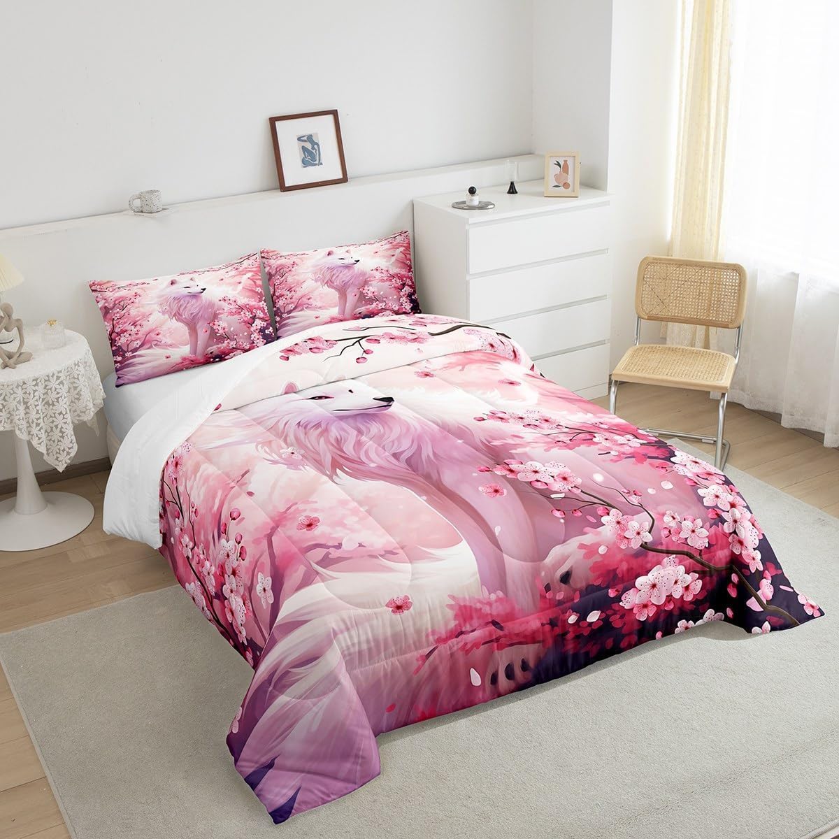 Castle Fairy Pink Fox Comforter Set Twin Size,Pink Cherry Blossom Bedding Set 2Pcs,Wild Animals Plant Quilt for Kids Girls Woman Adult Bedroom Decor,Japanese Style Romantic Duvet Insert,1 Pillowcase