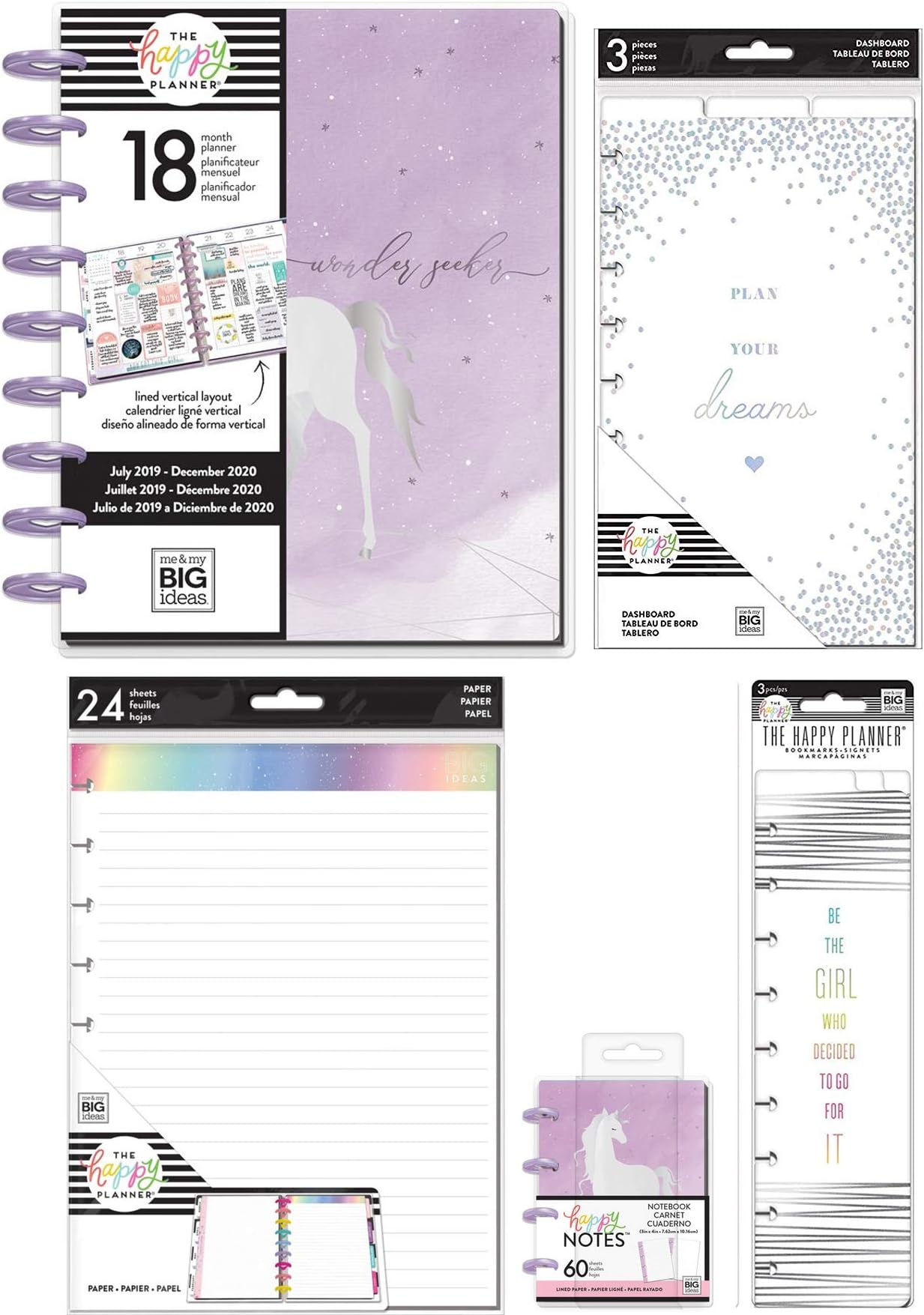 Classic Happy Planner Unicorn Set - 2019-2020 18 Month Dated Wonder Seeker Lined Vertical Planner, Fill Paper, Bookmarks, Dashboards and Micro Memo Book - 5 Items