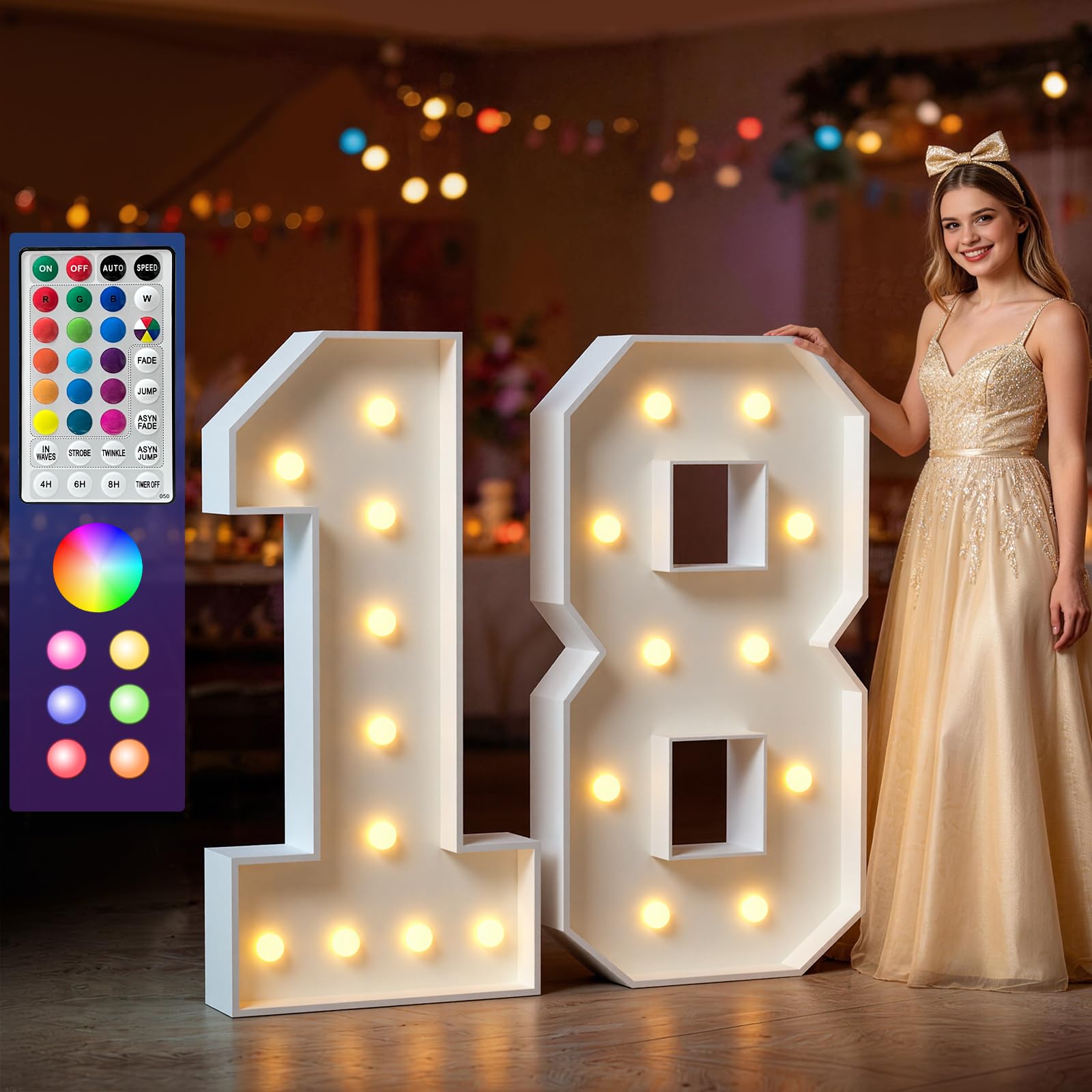 Marquee Numbers Colorful, 4ft Light Up Number 18, 18 Colors Changing LED