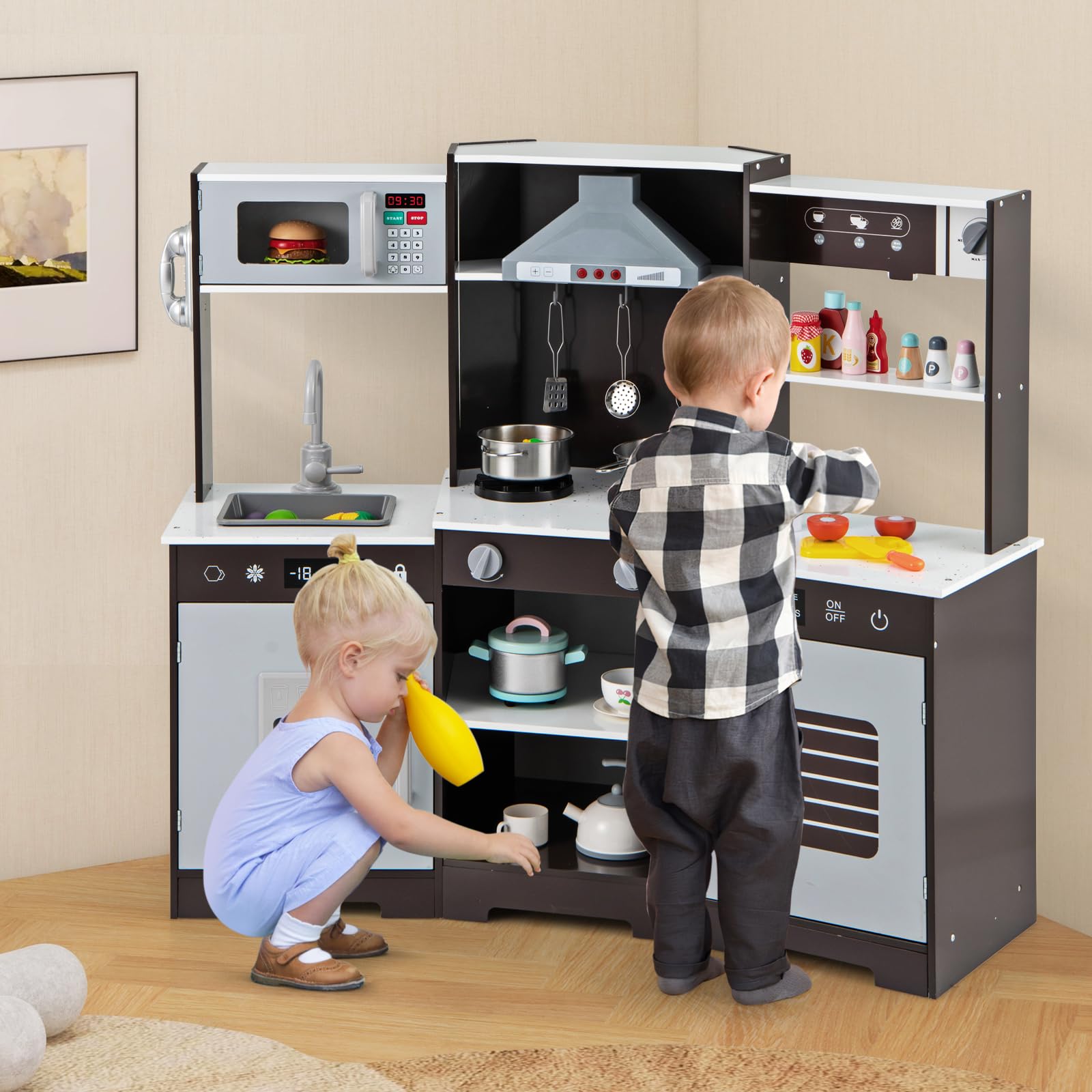 COSTWAY Cuisine Enfant en Bois avec Effets Sonores & Lumières Réels, Jeu de Cuisine avec Micro-Ondes & Cafetière, Machine à Glaçons & Armoires, Jeu d'Imitation pour Garçon Fille de 3 Ans+ (Marron)