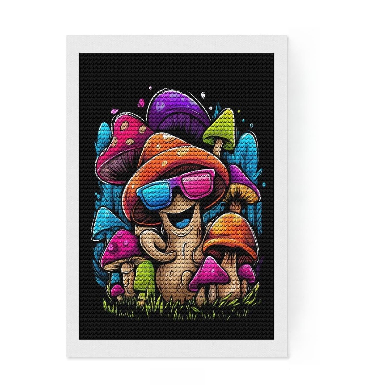 Junmoney Vibrant Mushroom Vibes DIY Diamond Art Canvas Kit 8"x12", Neat Printed Canvas, Mindful Craft Activity, Office Decor, Gift Idea