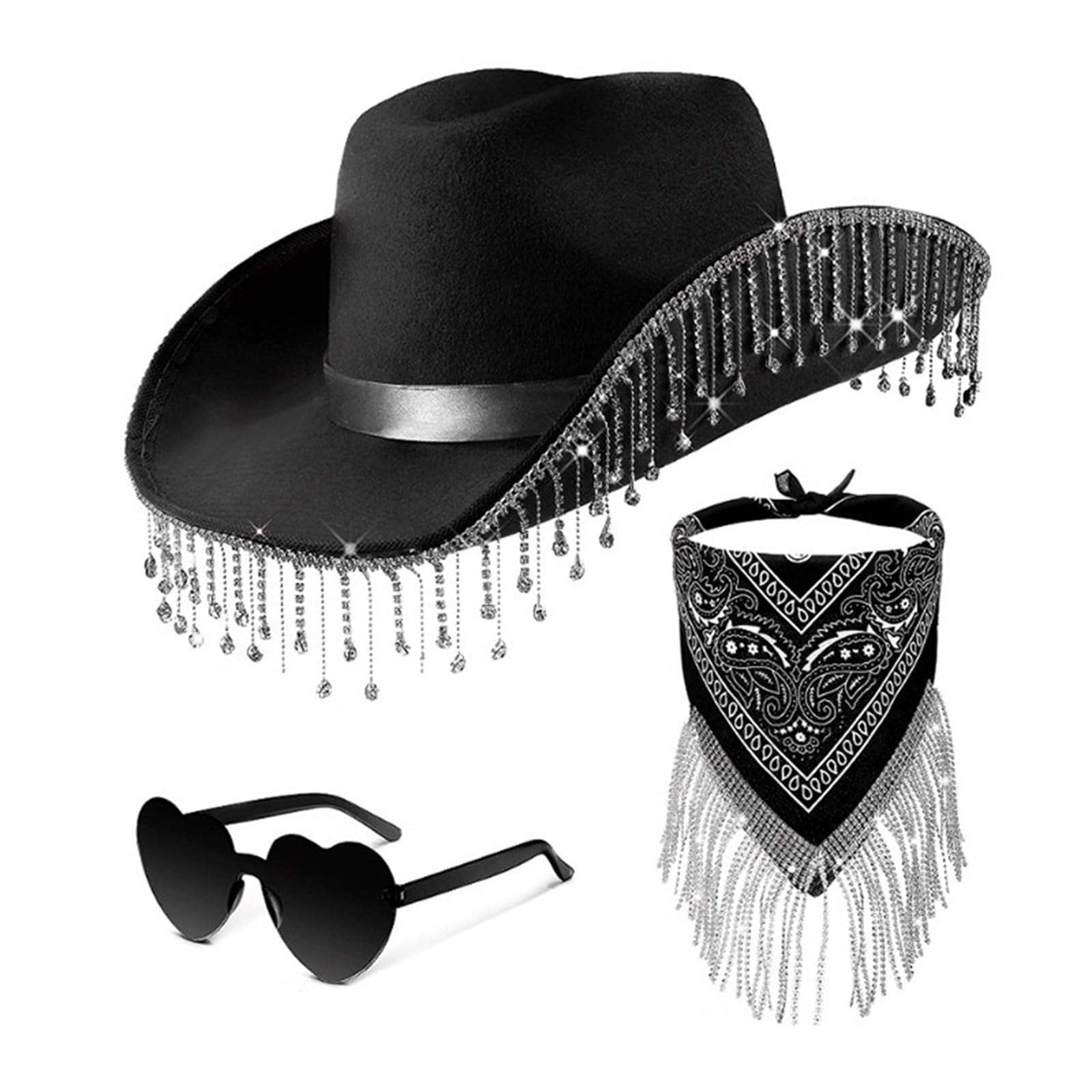 Dsgzkk Cowboy Hat,Fringed Cowboy Hat Scarf & Sunglasses Costume Set Western Cowgirl Hat Musical Festival Dress Up Black