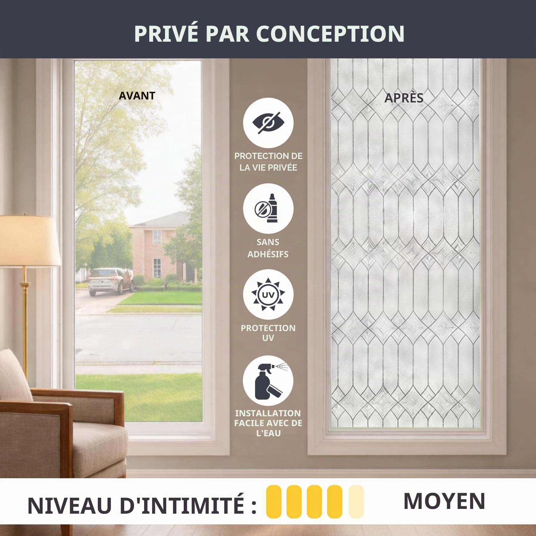ARTSCAPE Regent | Film de confidentialité pour fenêtre avec Motif en Verre au Plomb texturé | Non adhésif et Protection UV | Facile à appliquer et Amovible | 61 x 91 cm