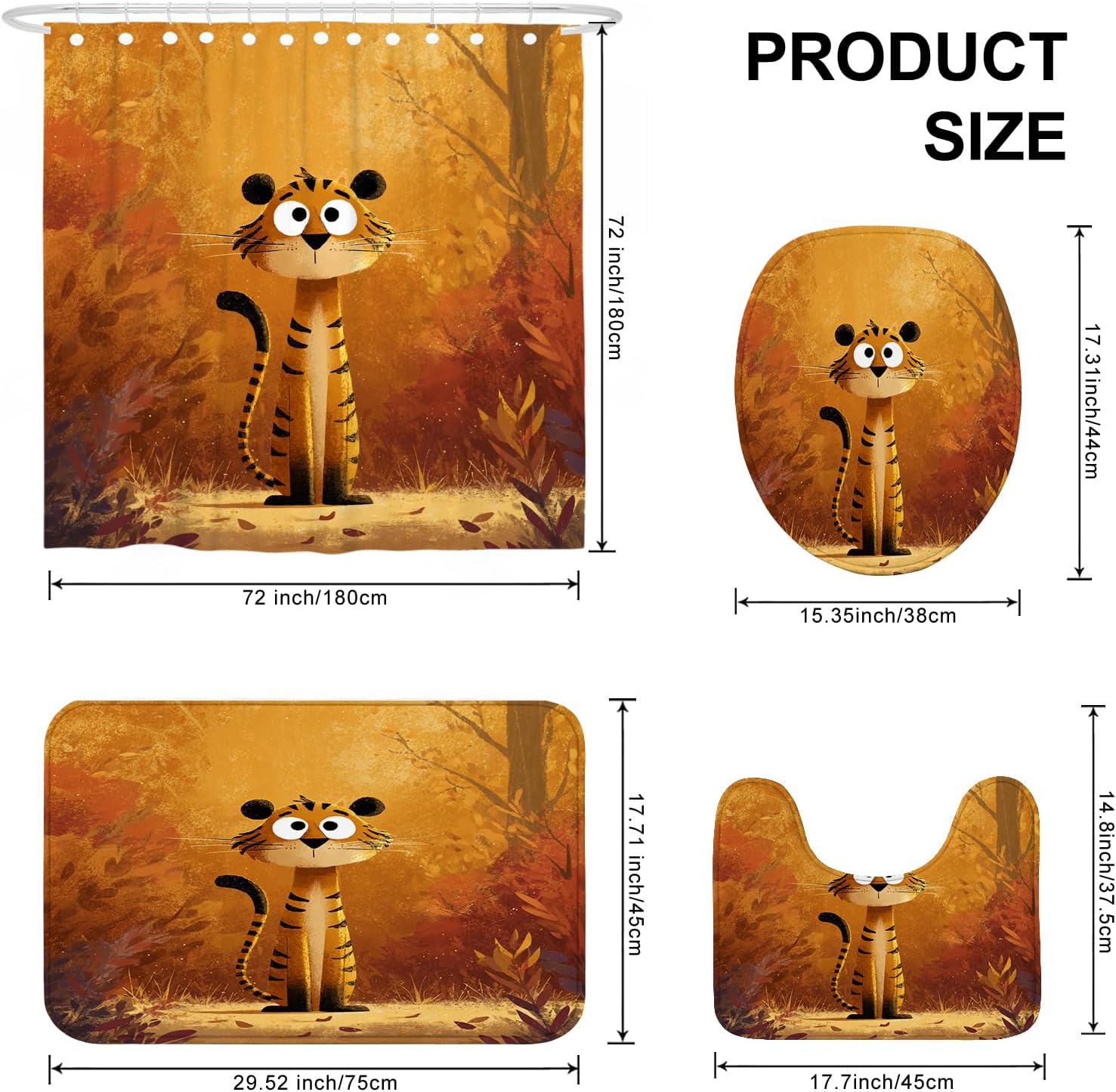 4PCS Fall Cartoon Tiger Kid Bathroom Accessory Sets with Non-Slip Rug, U Shape and Toilet Lid Cover Mat, Autumn Woodland Forest Animal Bathroom Decorative-72''x72''