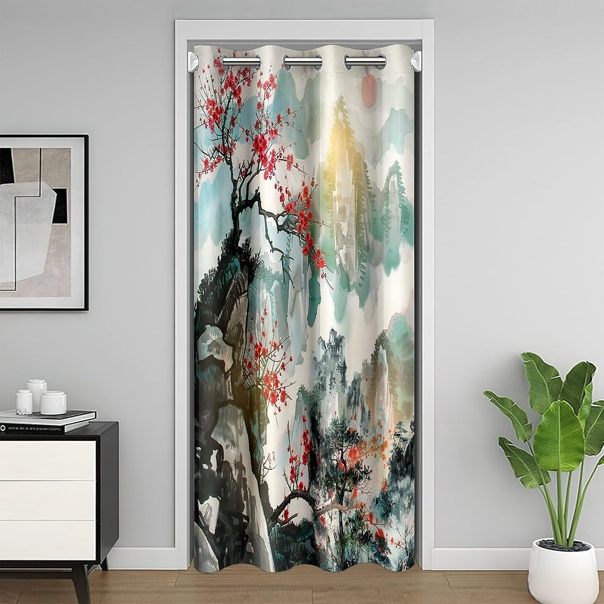 Loussiesd Door Curtain 132x203cm Japanese Style Privacy 1 Panel Cherry Blossoms Fuji Mountain Bedroom Living Room Decor Doorway Curtain — image 1