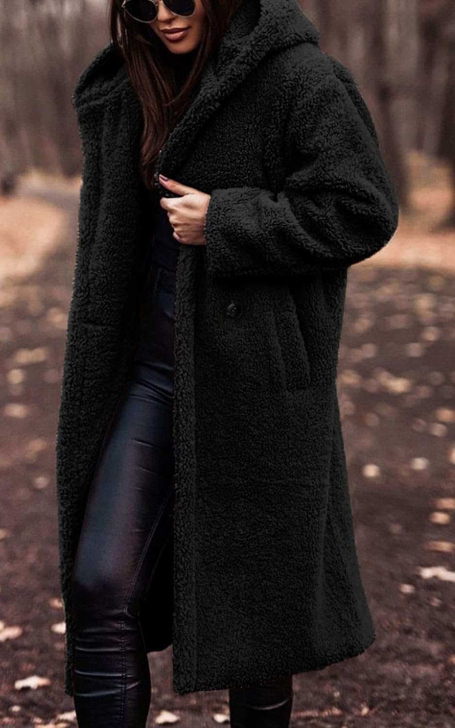 Angashion Women’s Fuzzy Fleece Lapel Open Front Long Cardigan Coat Faux Fur Warm Winter Outwear Jackets