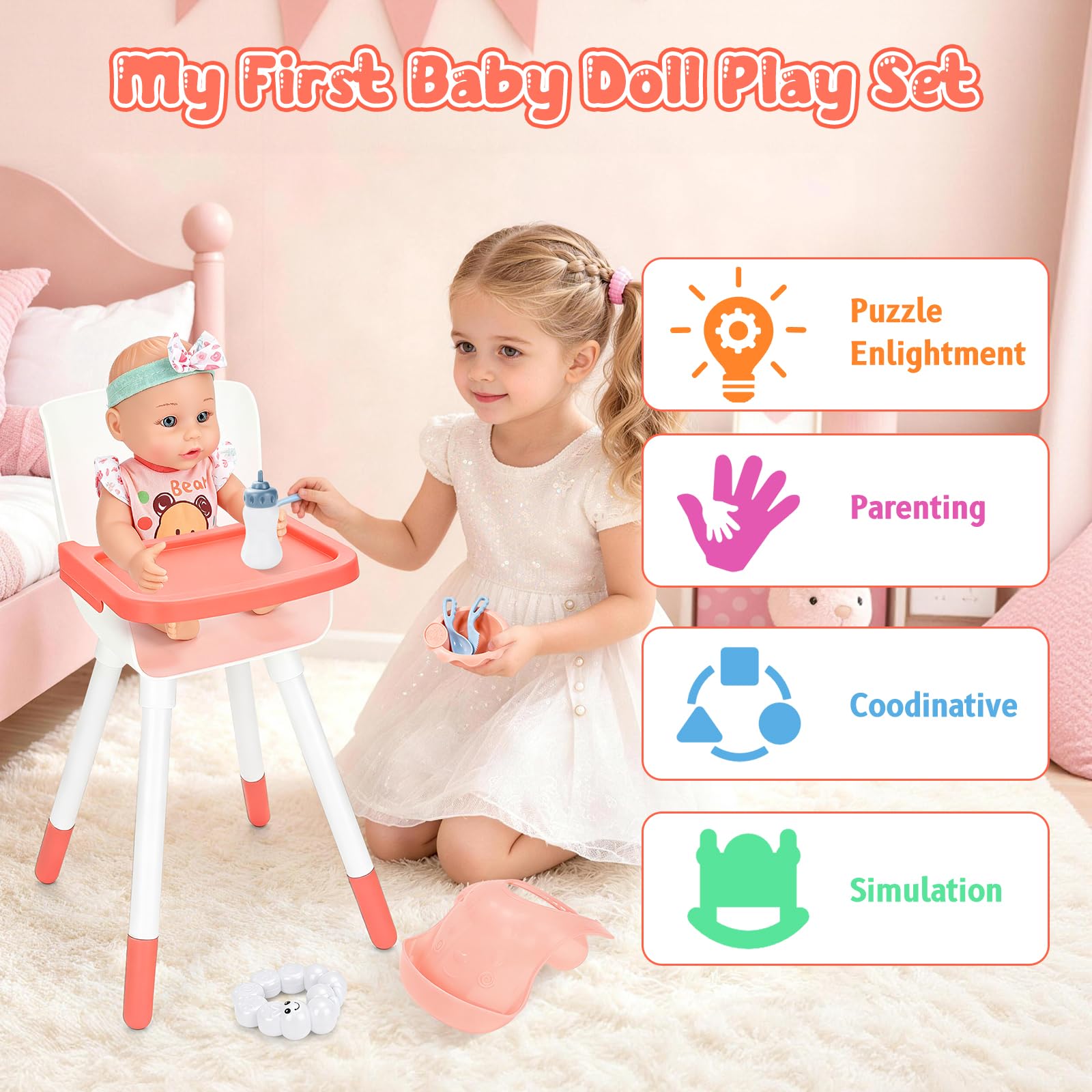 deAO Bambola con Accessori, Lettino e Seggiolone, Rosa | 30 cm Set di Giocattoli per Bambole con Giunture Mobili per Giochi di Ruolo e Regalo Bambini 3+