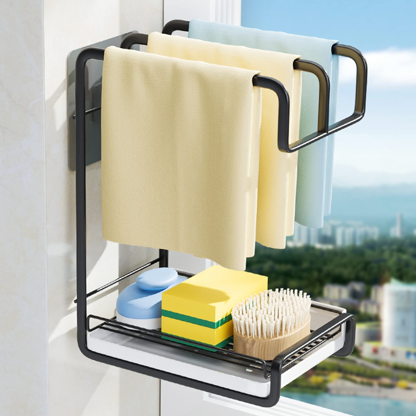 Wall Mounted Metal Towel Rack Rag Shelf Bathroom Kitchen Sink Caddy Organizer for Sponge Brush Soap Dish Dishcloth
