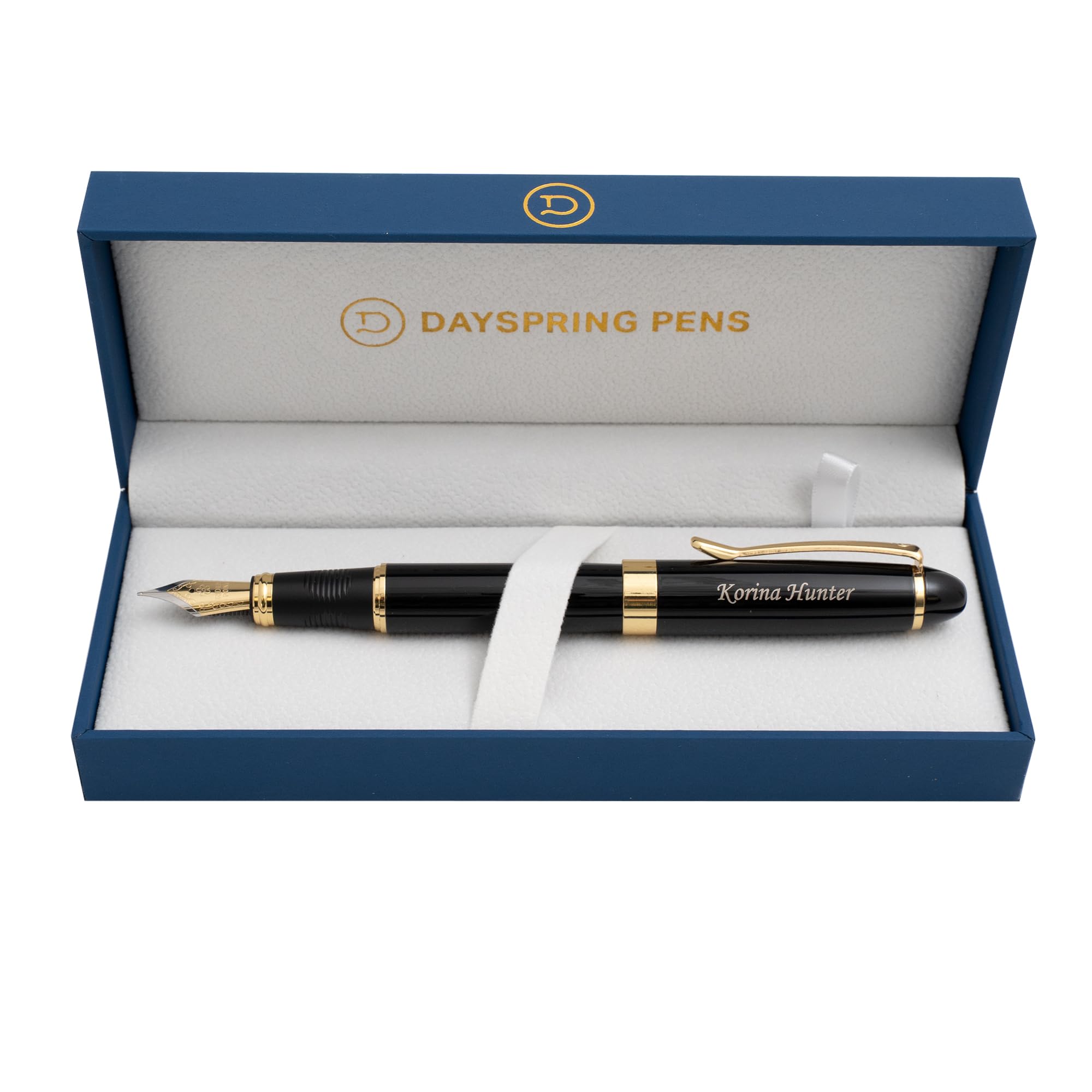 Dayspring Pens Alexandria Black Fountain Pen with Gold Trim Personalized Engraved Pens to Gift for Holidays and Corporate Awards. Medium Stainless Steel Nib Black Ink and Converter in Gift Box
