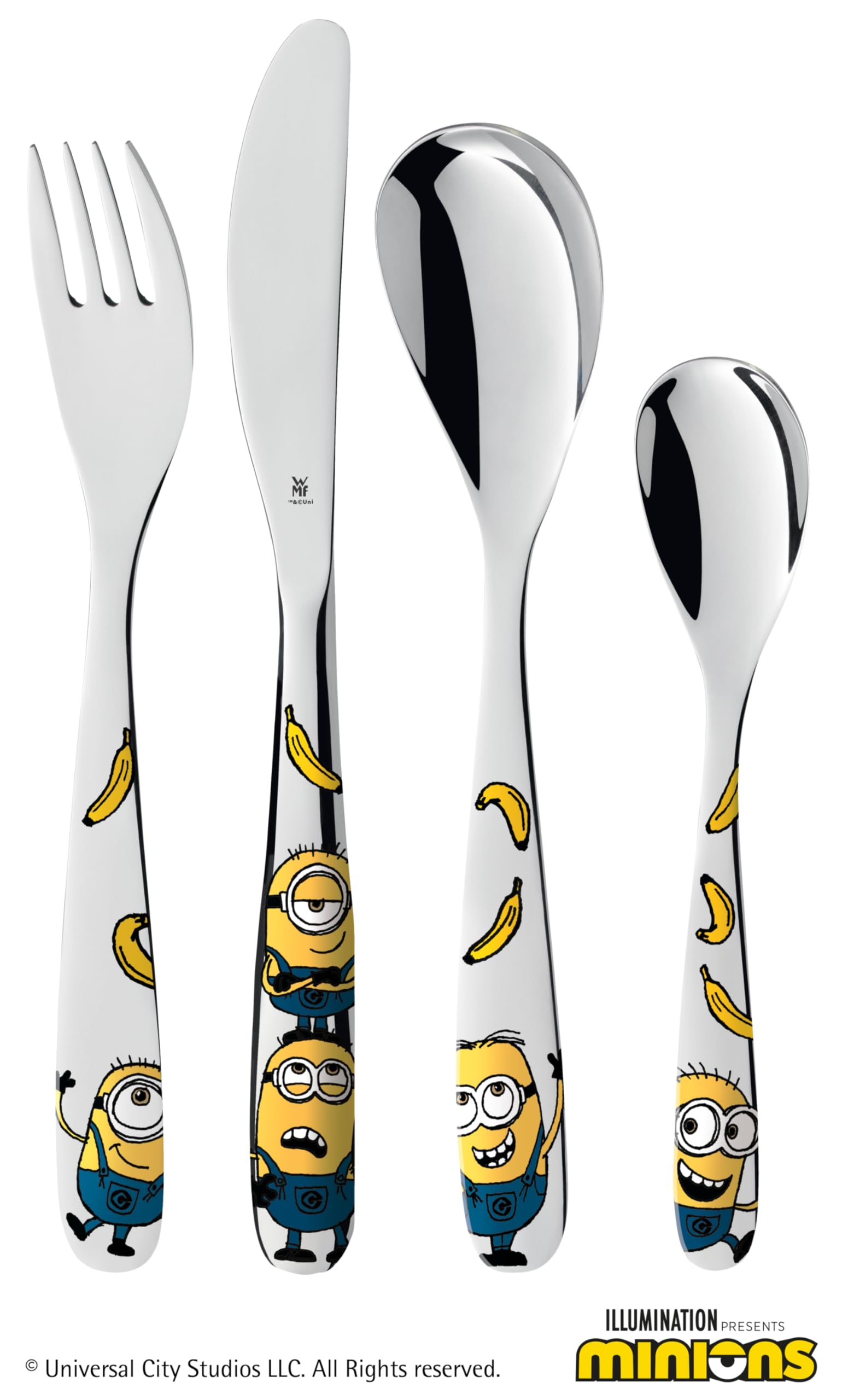 Posate per bambini WMF Minions con incisione del nome - bellissimo set di posate per bambini - regali di battesimo personalizzati con incisione - idee regalo per bambine e bambini dai 3 anni, 4 pezzi