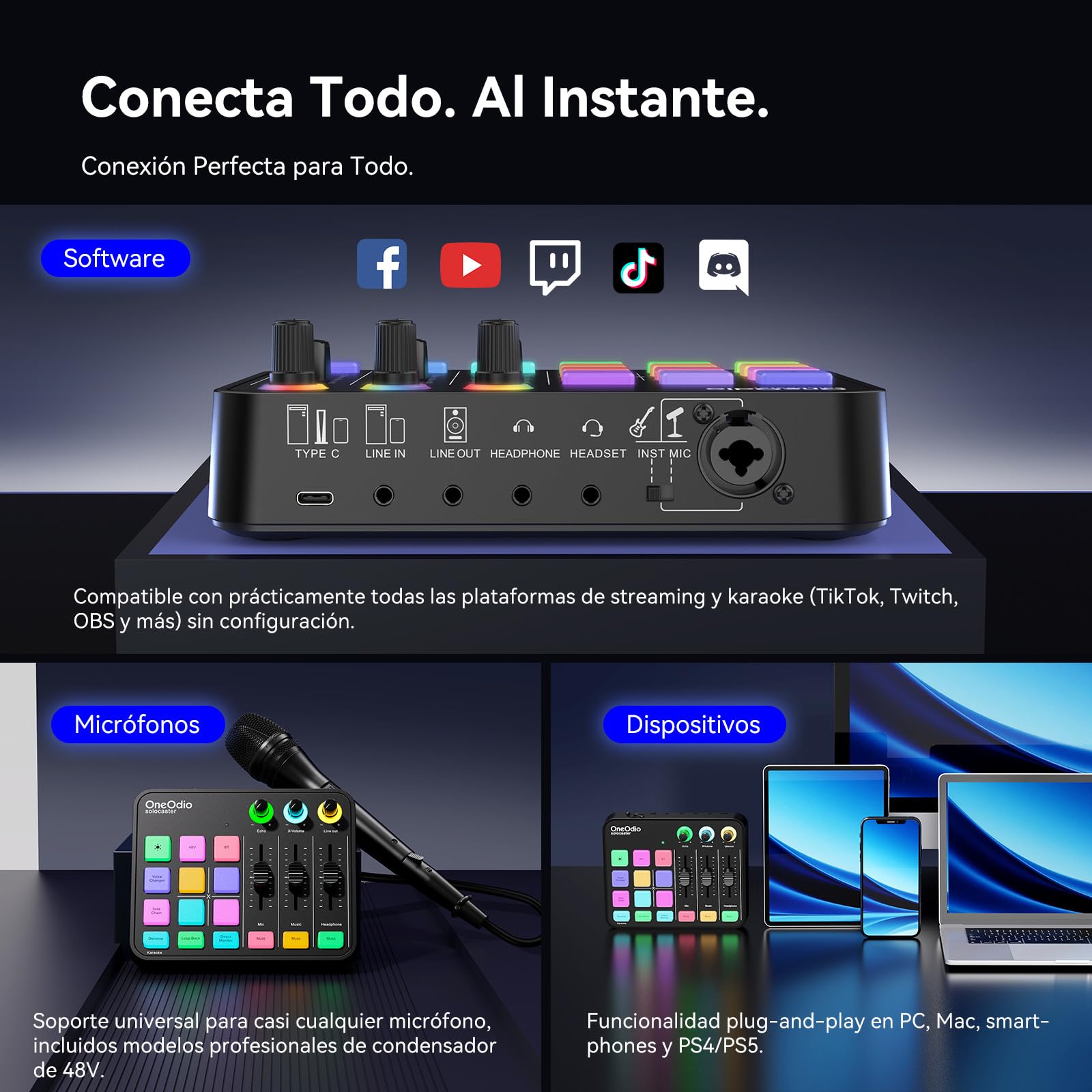 OneOdio Solocaster Mezclador de Audio para Gaming - Interfaz de 5 Canales con Alimentación Fantasma 48V, Bluetooth, Iluminación RGB, 3.5mm/XLR/USB-C, para Streaming/Podcast/Karaoke en PC, Mac y Móvil