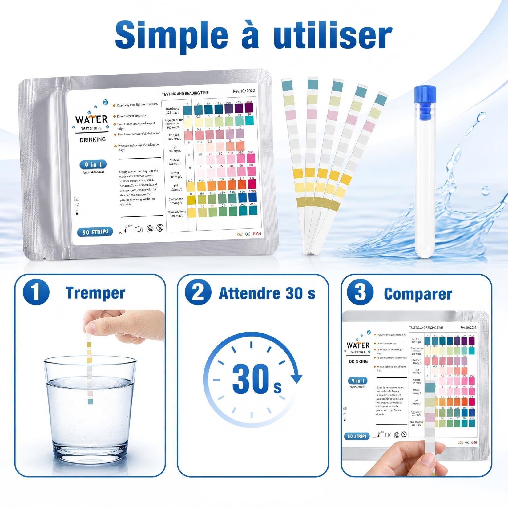 Lot de 50 Bandelettes de Test 9 en 1 pour Piscine et Spa, Bandelettes Analyse pH Chlore Nitrites Dureté de l'Eau, Convient pour Eau Potable Aquarium, Livré avec 1 Tube à Essai Offert