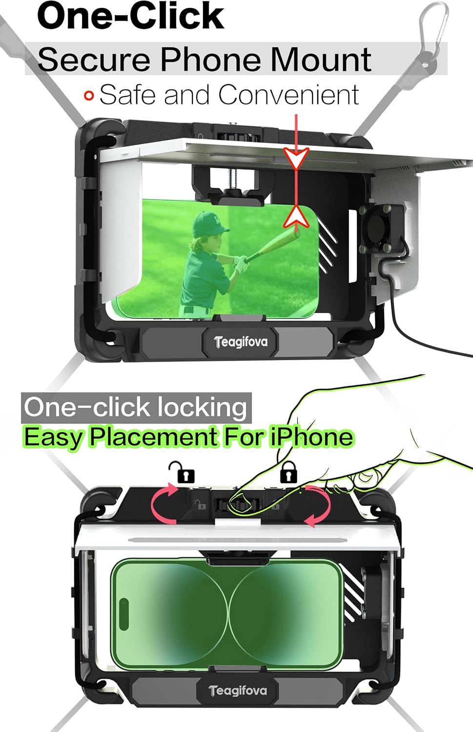 Phone Fence Mount with Sun Shade and Cooling Fan, Gamechanger Mounting Kit for Baseball Softball Tennis - Streaming Kit for iPhone, Clear View No Fence Bars in Frame (White)