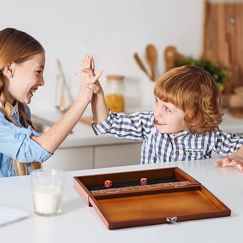 Miniatura 4 de Juego de dados Shut The Box con 12 números y tapa, juego de mesa clásico de madera con 4 dados, paquete de regalo y reglas de juego, juego de cierre