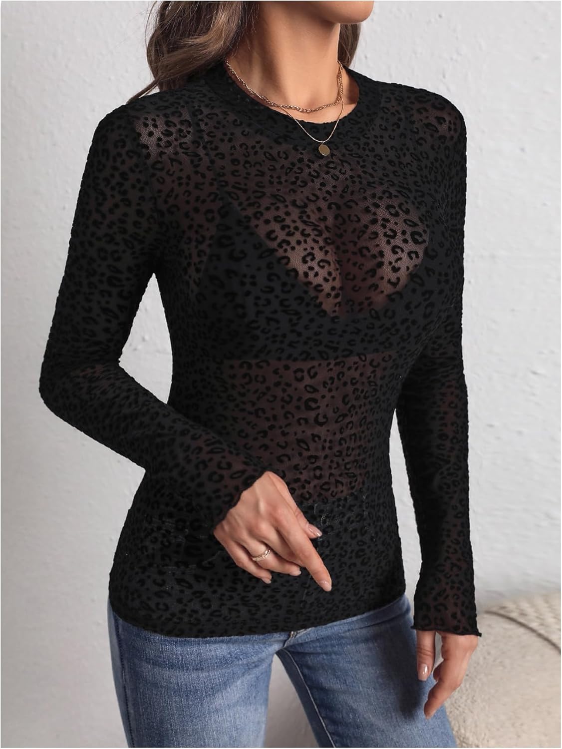 GORGLITTER Women's Mesh Leopard Print Tops Fall Y2K Sexy Long Sleeve Crew Neck See Through Fitted Going Out Tops Trendy - Image 3