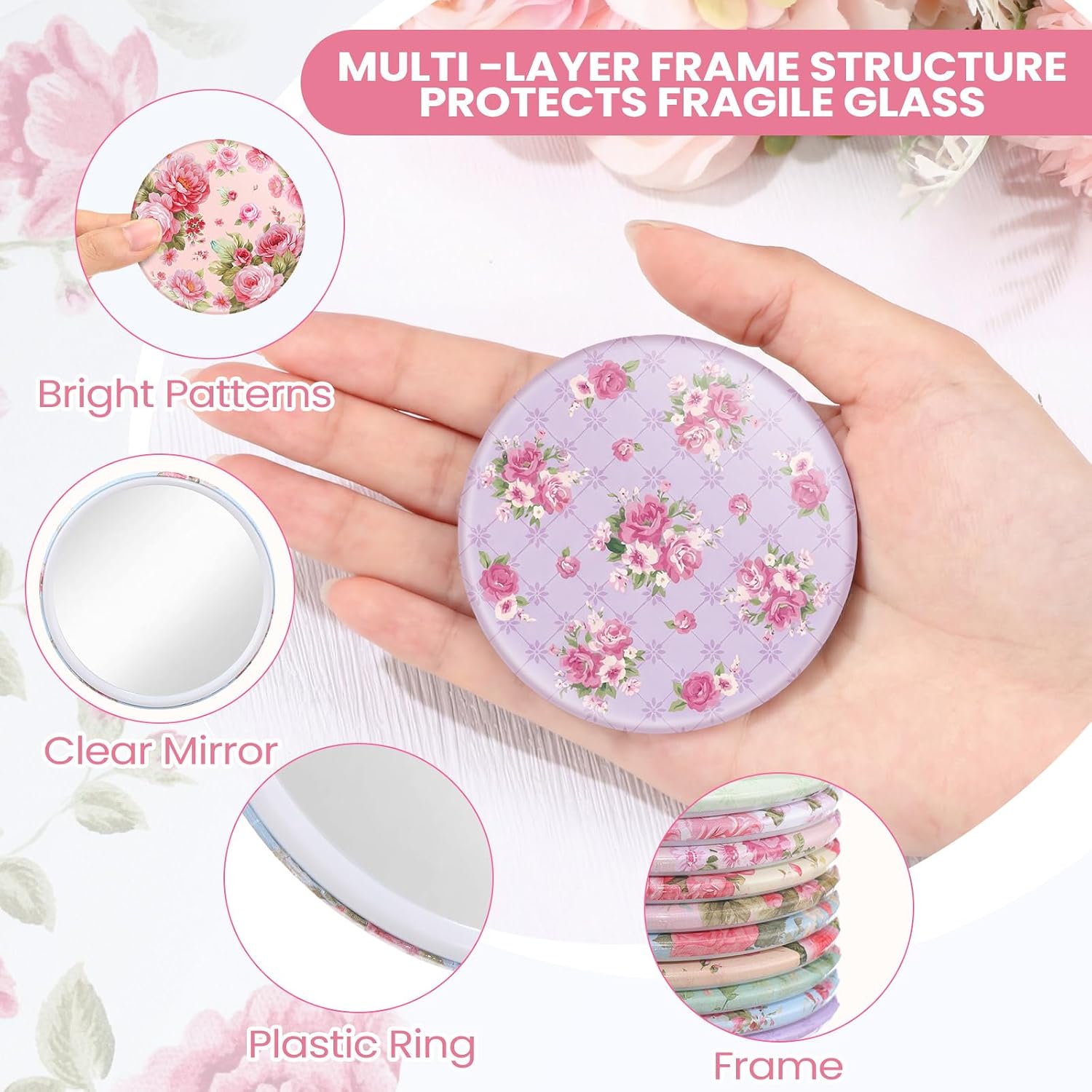 Briwooody 20 Pcs Rose Vintage Compact Mirrors Bulk for Women 2.76 in Round Floral Pocket Makeup Mirror Gifts for Tea Party Birthday Bridal Baby Shower Wedding Party Supplies Decor