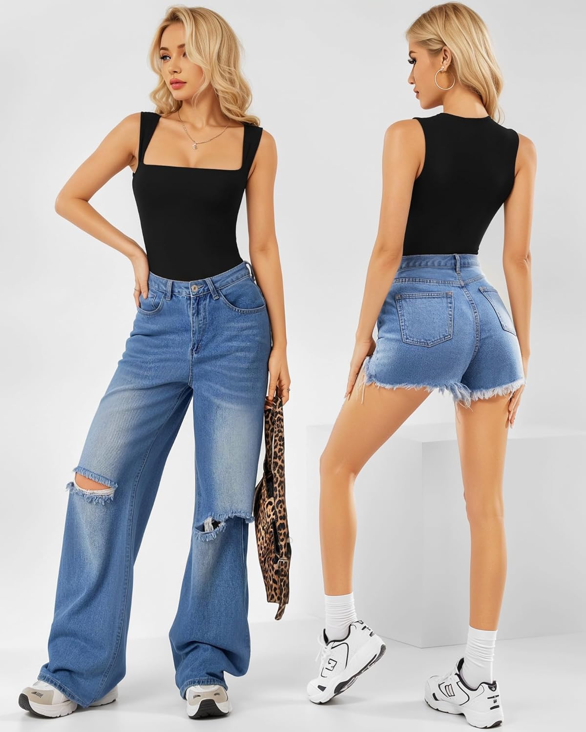 MANGOPOP Women's Square Neck Tank Top Bodysuit Sexy Double Lined Sleeveless Thong Body Suits Going Out Tops - Image 5