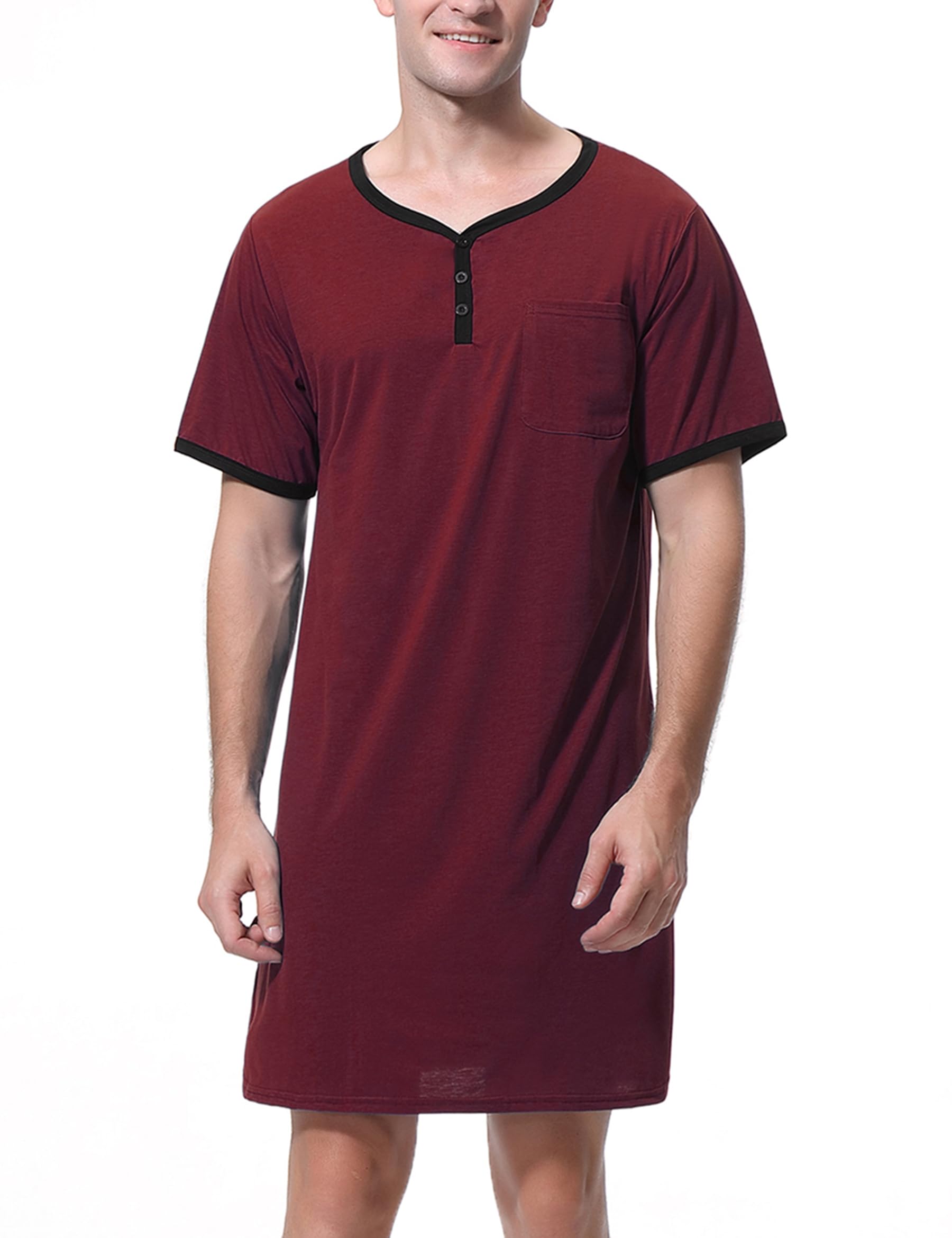 Sykooria Mens Nightshirt Short Sleeve Pajama Top Nightwear Henley Shirt Button Down Sleepwear Lightweight Cotton Soft Nightgown for Home Hospital(Wine Red,XL)