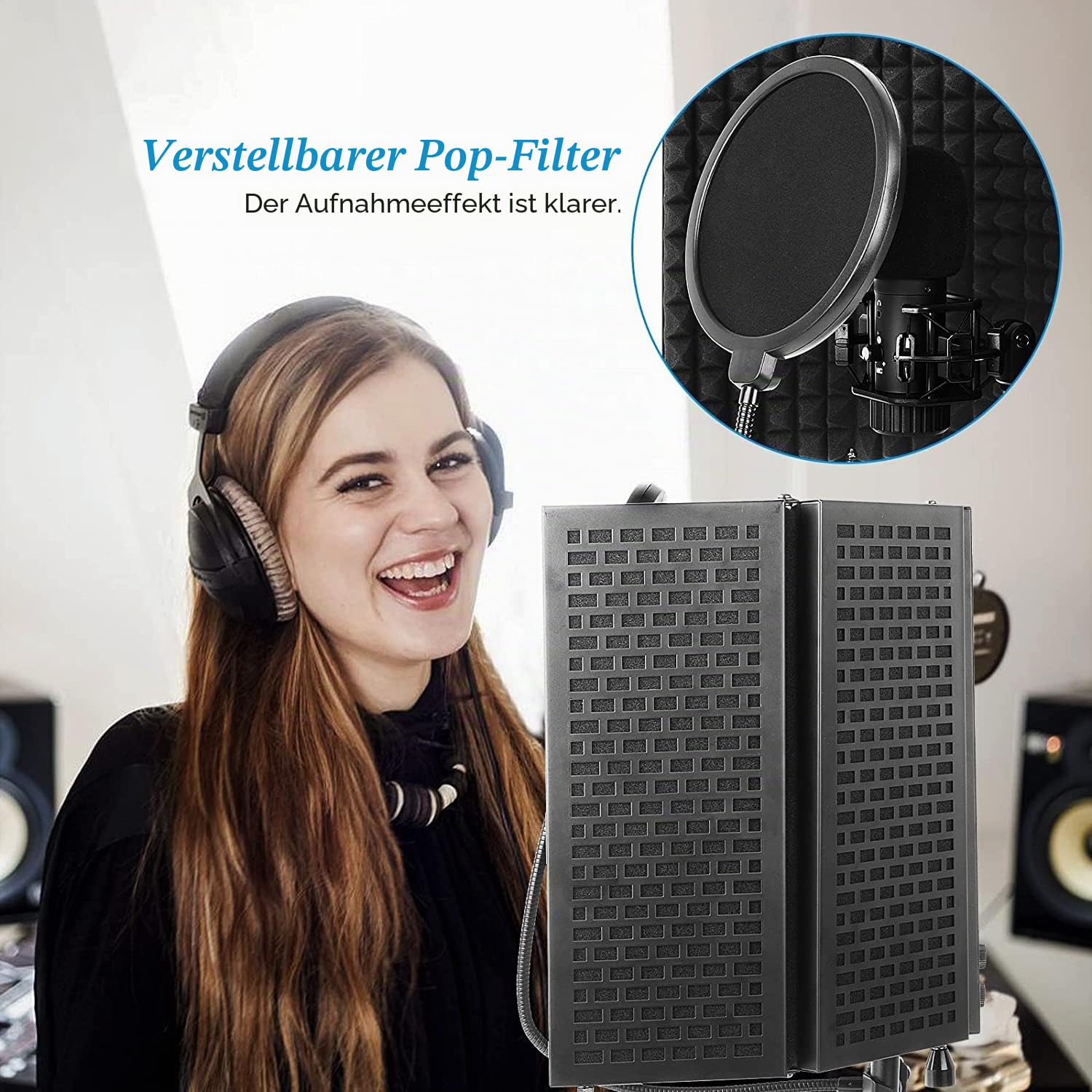 MIVIDE Faltbarer Mikrofon-Isolationsschirm, Mikrofon Isolationsschild Set | Akustischer Schutz mit Pop-Filter und Stativ, 5 Faltbare Schaumabsorbierende Paneele für Lärmschutz und Wind (schwarz)