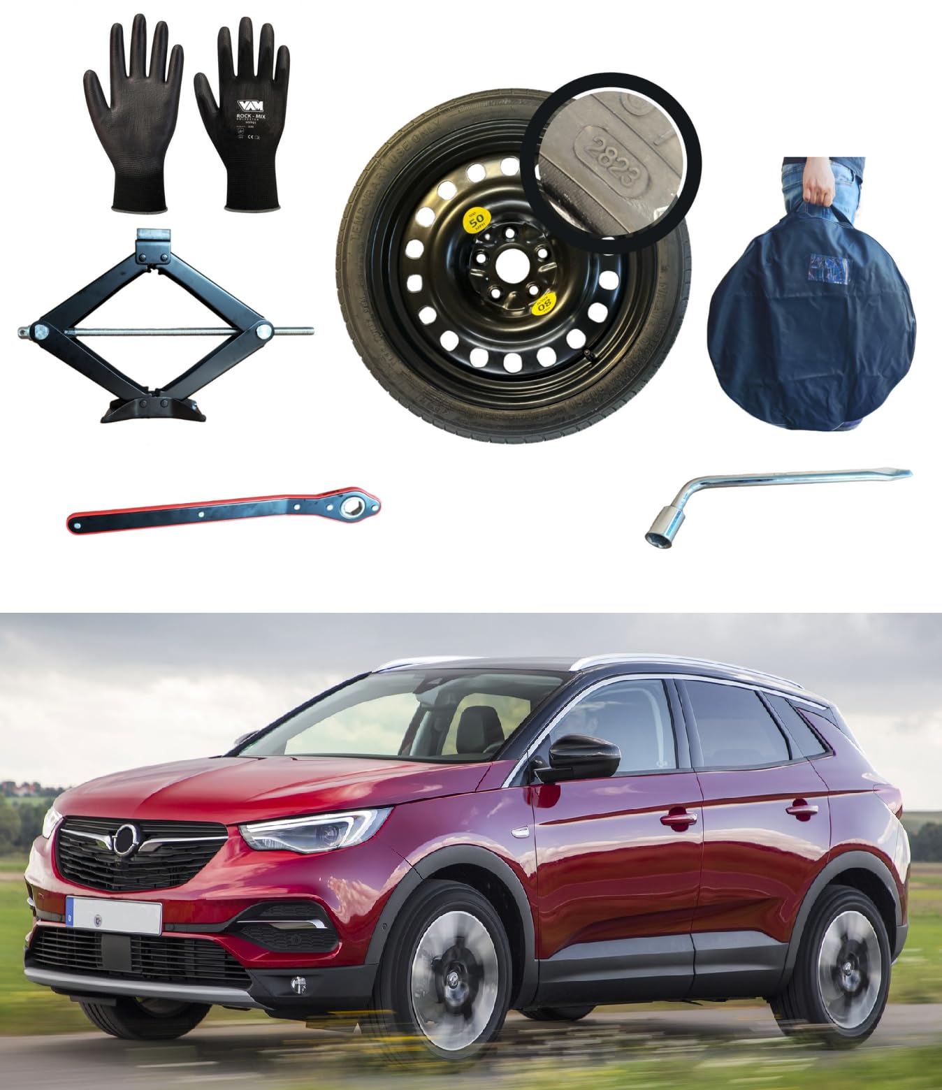 Kit Ruotino di Scorta 18" compatibile con Opel Grandland X con Cric, Chiave, Guanti e Sacca 145/80R18