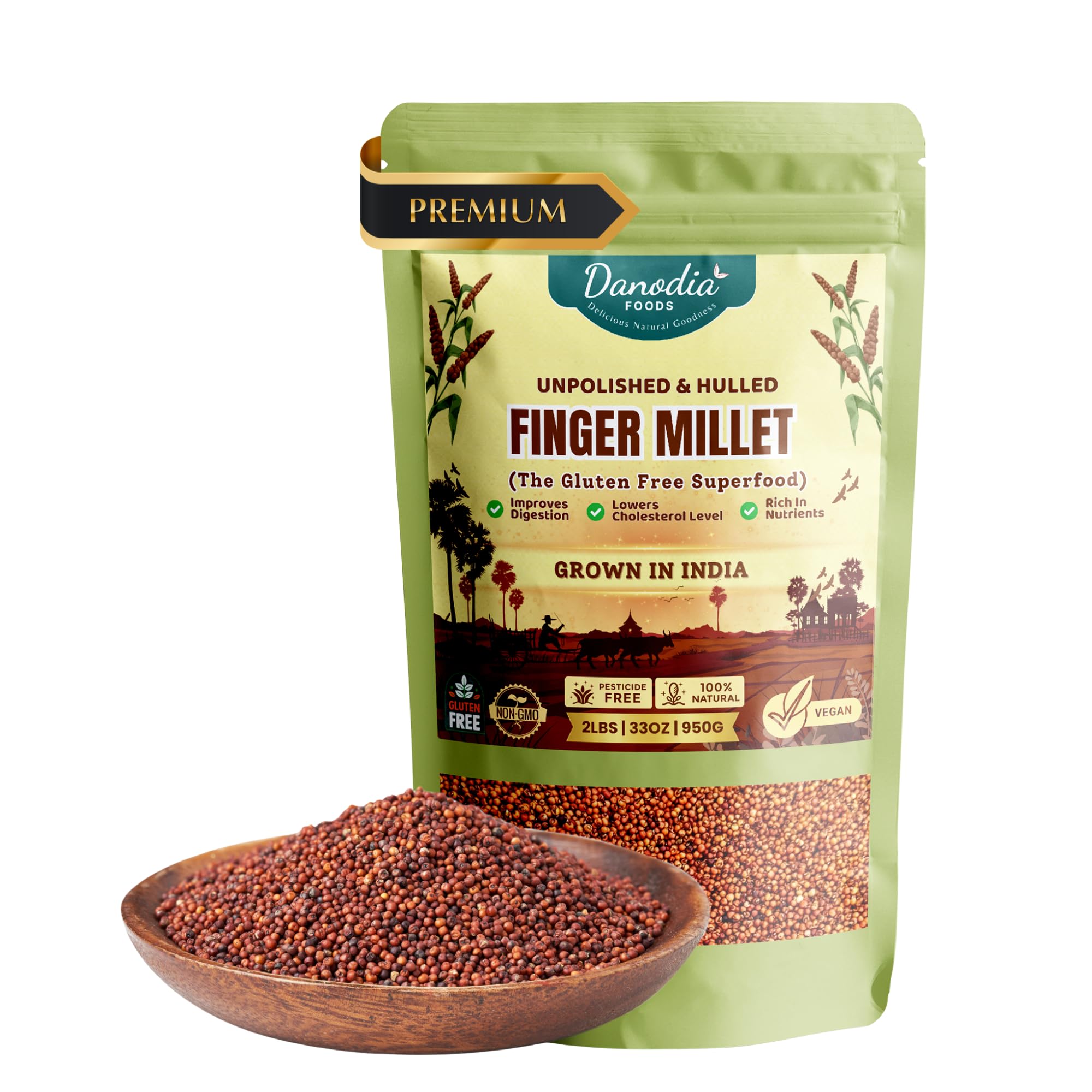 Danodia Foods Organic Indian Finger Millet/Ragi (2.2 lb) | Gluten-Free Unpolished Red Millet, Hulled, Whole Grain Superfood