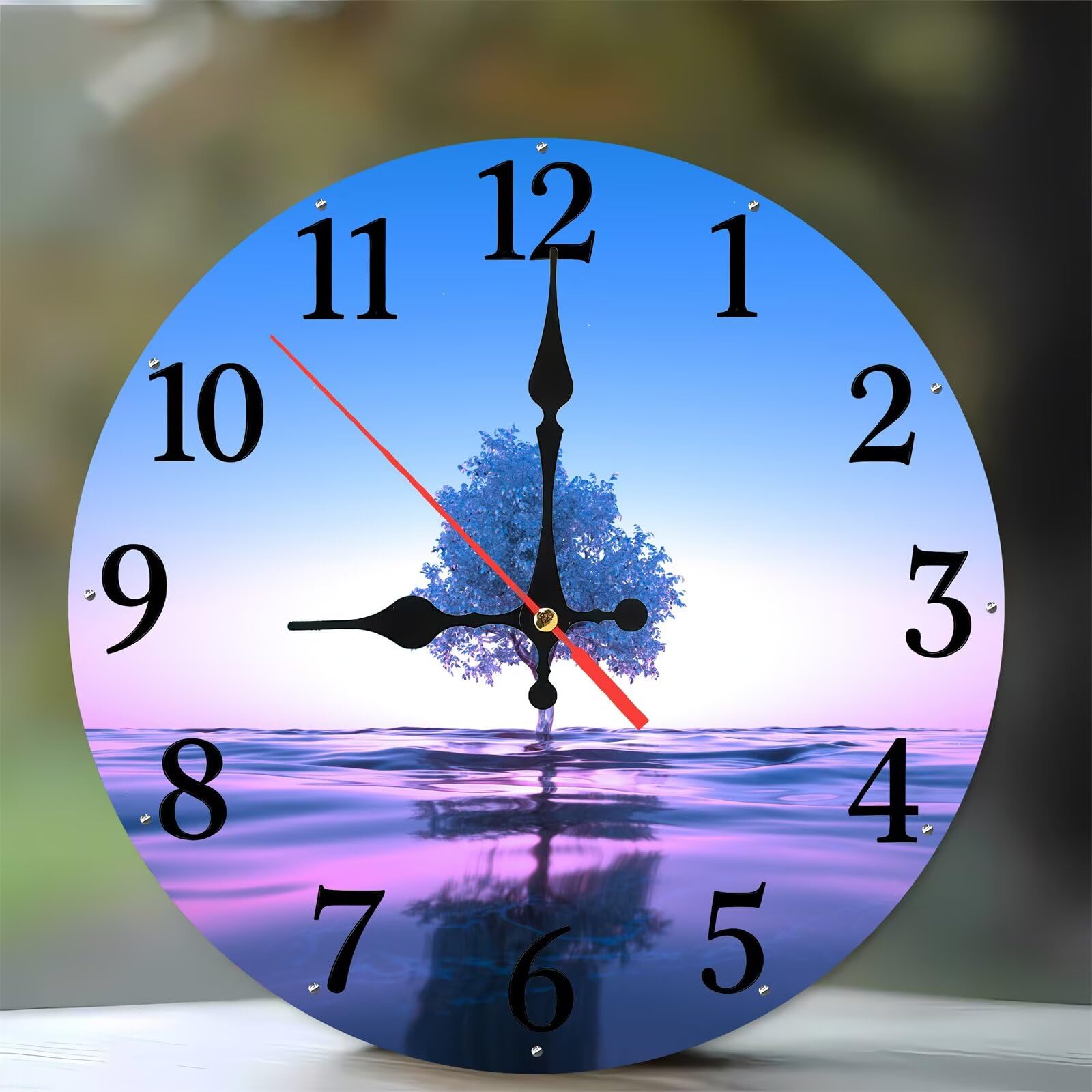 Horloge murale de 35 cm en bois moderne avec motif mer des arbres bleus pour votre salon