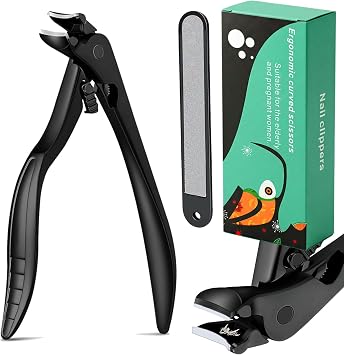 Ergonomic Curved Long Handle Nail Clippers - Pliers-Style Toenail Clippers, Easy Grip for Seniors and Thick Nails, Built-in Nail Catcher & Safety Switch Black