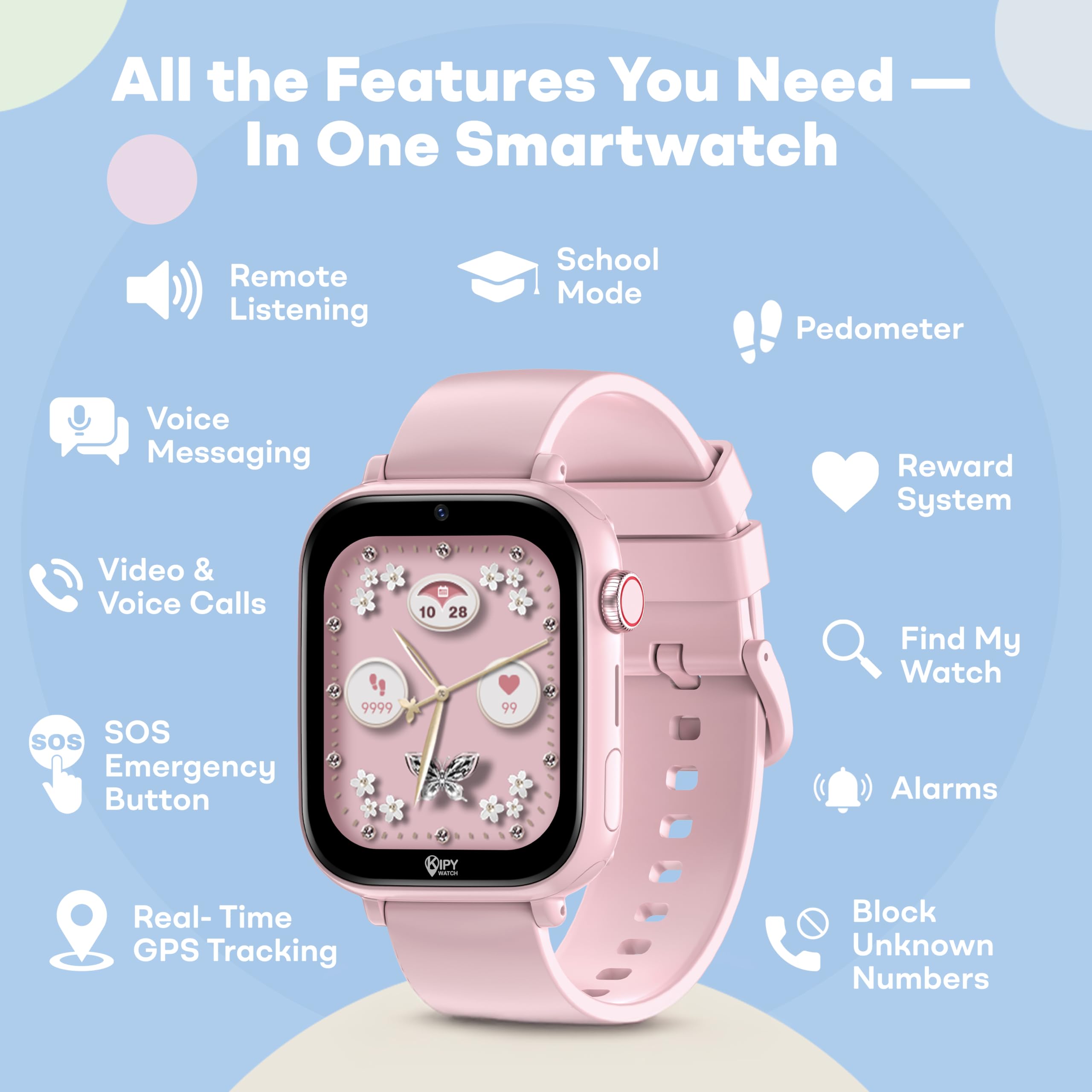 Kipywatch Smart Watch per bambini – Smart Watch per bambini con GPS Tracker e allarme zone sicure – SMS, voce e videochiamata – con modalità scuola – App genitori, abbonamento richiesto, regali per