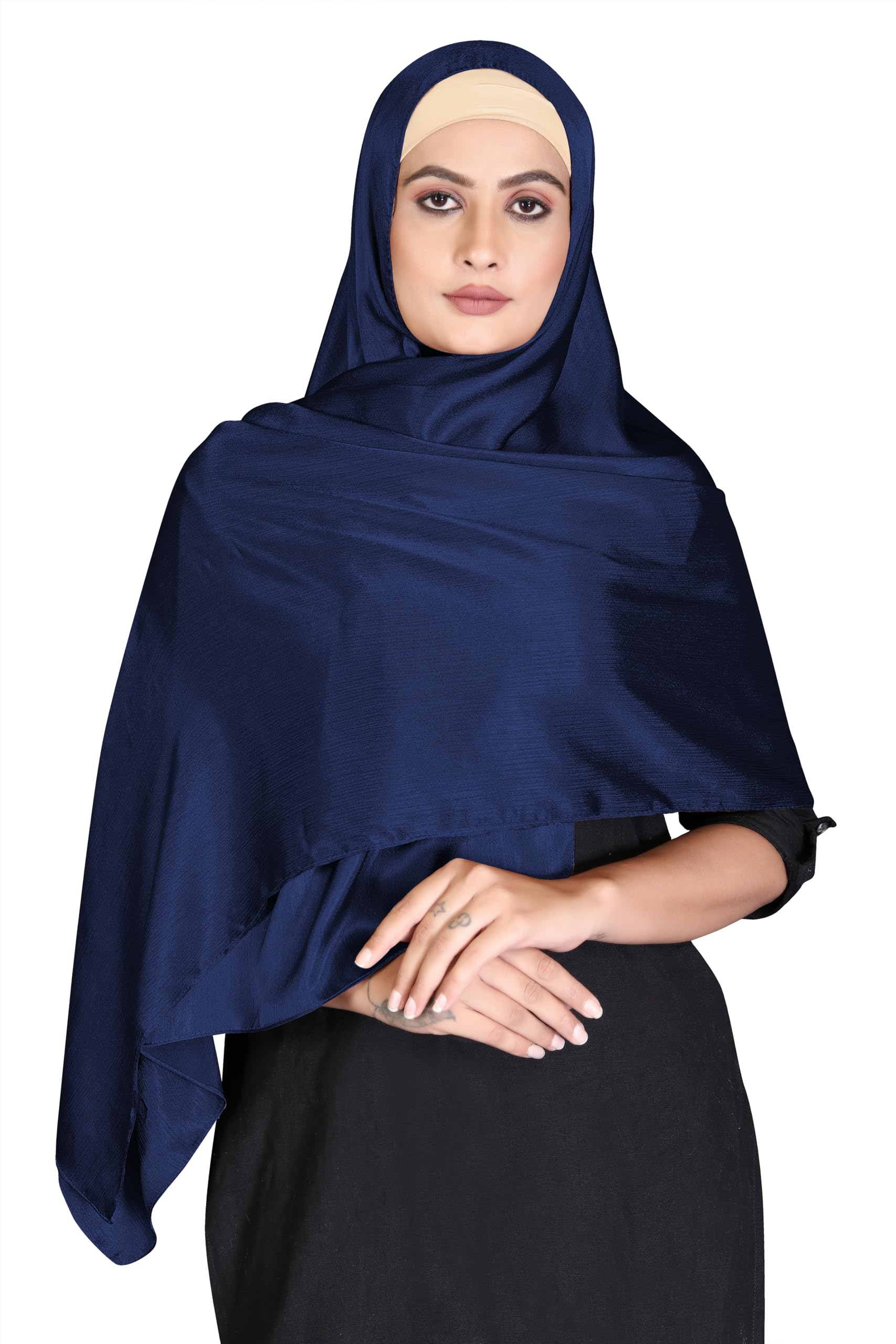 London Scarfs Satin Silk Shawls Muslim Solid Color Hijab Crinkled Scarf Women's Wraps Turban (Navy)