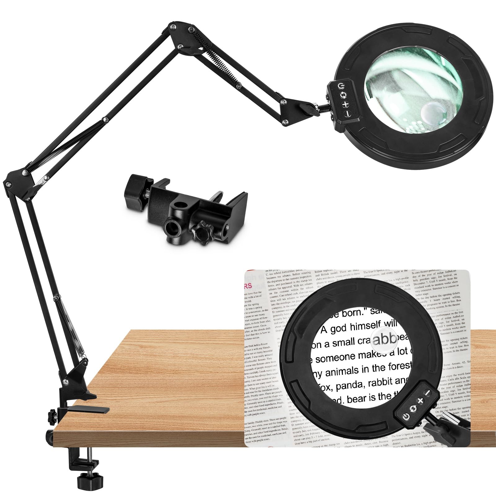 HITTI 12X & 30X Square Magnifying Glass with Light and Clamp, Ultra Long LED Desk Lamp with 5 Colors & Stepless Dimming | Hands Free Workbench Lighted Magnifier for Crafting (12X & 30X Ring Lamp Head)