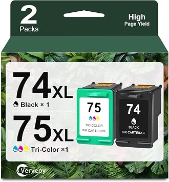 74/75 Remanufactured Ink Cartridge Combo Pack Compatible for HP Ink 74 75 XL CB335WN CB337WN for Officejet J6480 J5780 Deskjet D4260 D4360 Photosmart C4280 C5280 Printer Ink 2 Pack, Black,Tri-Color