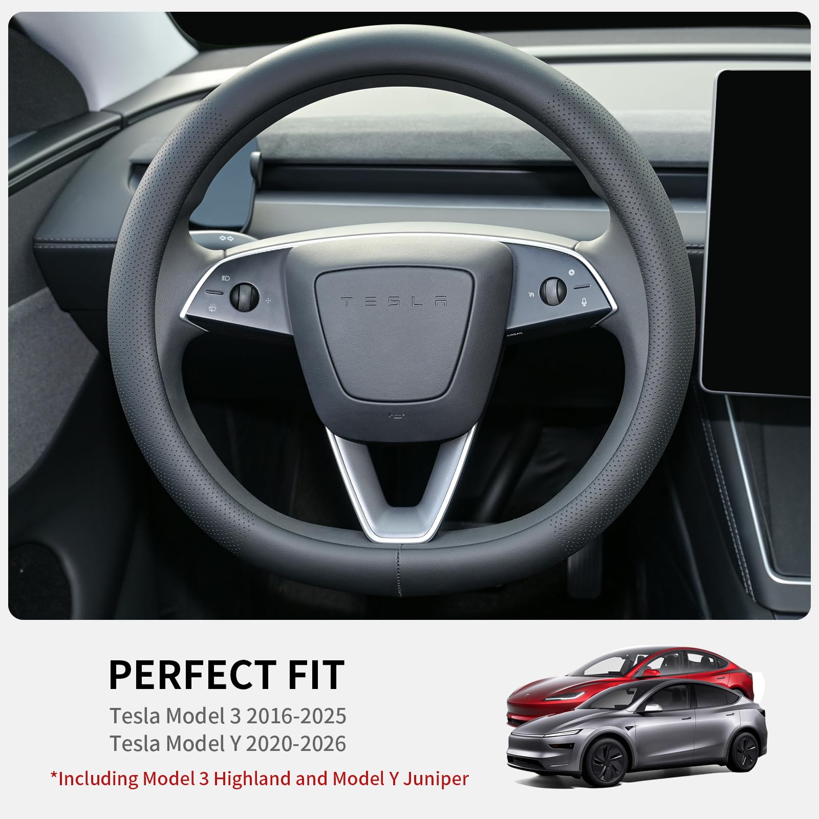 Nappa Leather Steering Wheel Cover for Tesla Model 3/Y 2016-2025 2026 Juniper/Highland, Non-Slip Breathable Tesla Model 3/Y Steering Wheel Protector, Black