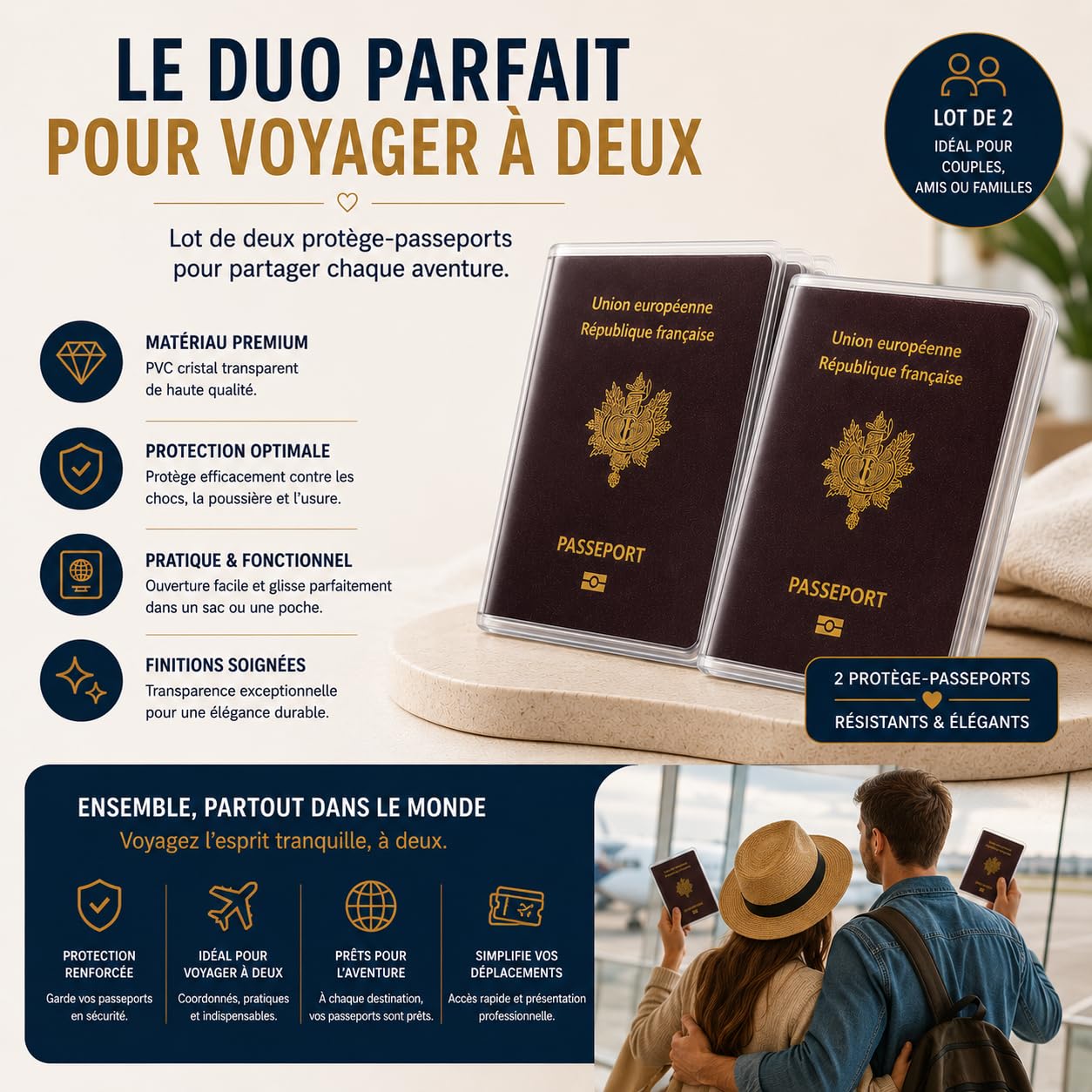 Lot de 2 Étuis Passeport Transparent – Format Européen 13x10 cm – PVC Cristal Haute Qualité – Fabriqué en France – Protection Passeport Souple