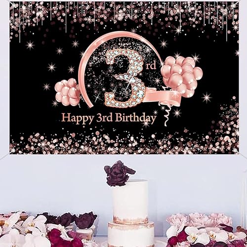 Miniatura 3 de Cartel de tela para decoración de cumpleaños de 3 años para niñas de 3 años, cartel de tela para cumpleaños de niña, fondo fotográfico negro y rosa,