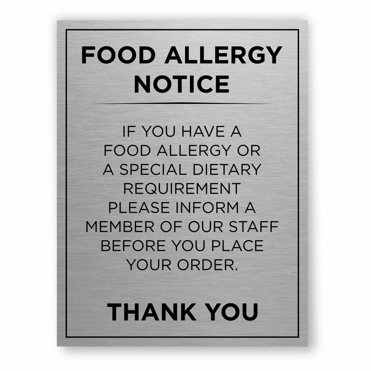 Food Allergy Notice Slimline Aluminium Sign by Viro Display – Brushed Aluminium – Durable Printed Surface – Self-Adhesive Fixing (Brushed Silver, 150 x 195mm)